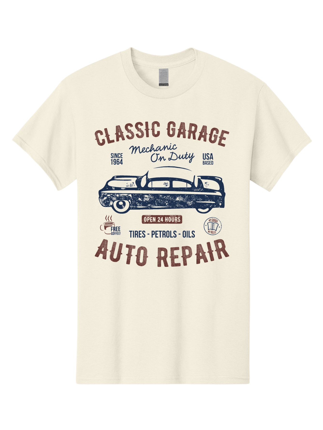 Classic-Garage-Auto-Repair Men'S Graphic Tee, 100% Cotton, Comfortable Casual Summer Wear, Machine Washable, Classic Car, Garage Services, 24-Hour Auto Repair, Mechanic On Duty, Tires, Petrols, Oils, Free Coffee, Usa-Based, Auto Repair Shop, Aab932 17