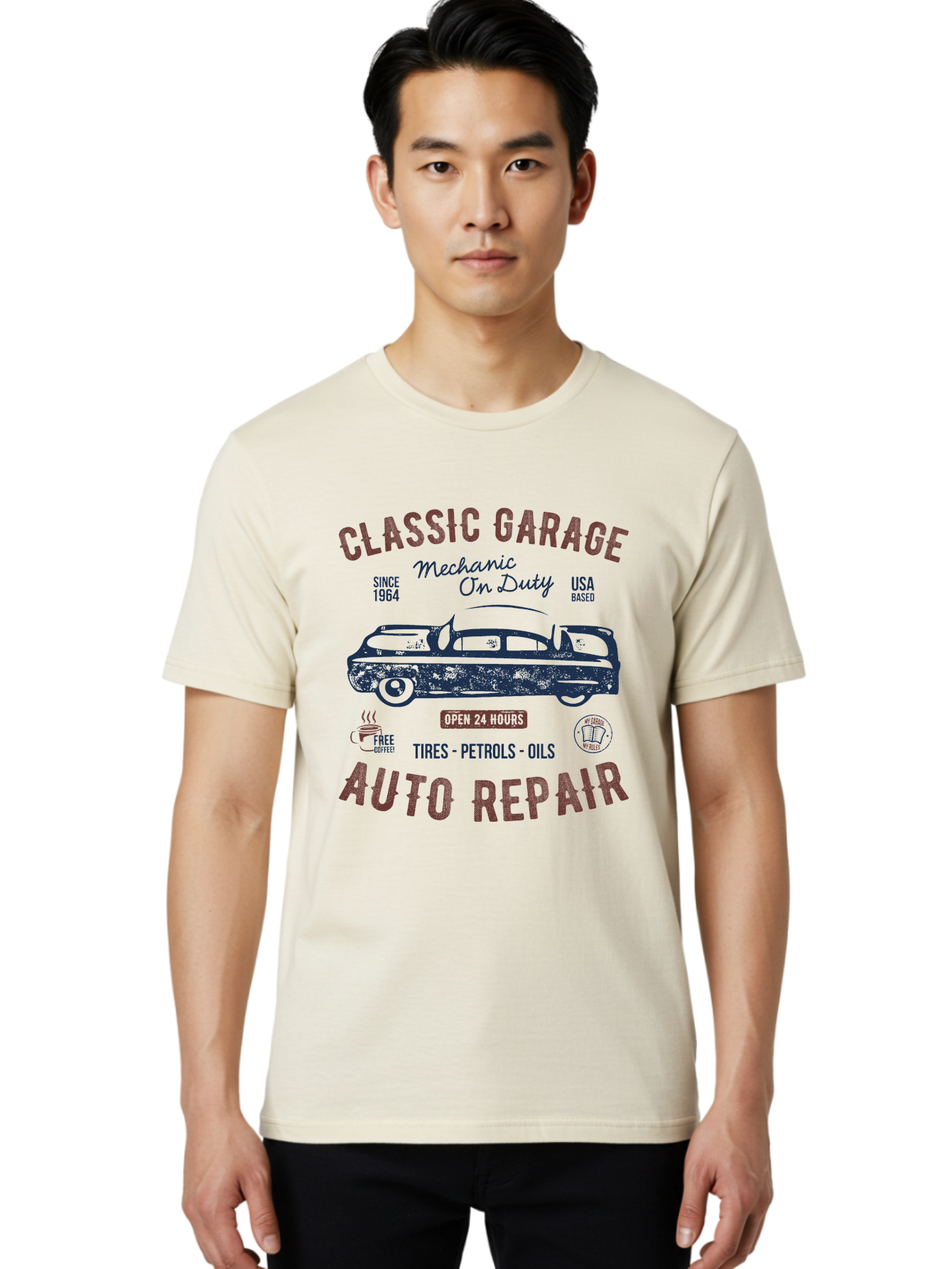 Classic-Garage-Auto-Repair Men'S Graphic Tee, 100% Cotton, Comfortable Casual Summer Wear, Machine Washable, Classic Car, Garage Services, 24-Hour Auto Repair, Mechanic On Duty, Tires, Petrols, Oils, Free Coffee, Usa-Based, Auto Repair Shop, Aab932 18