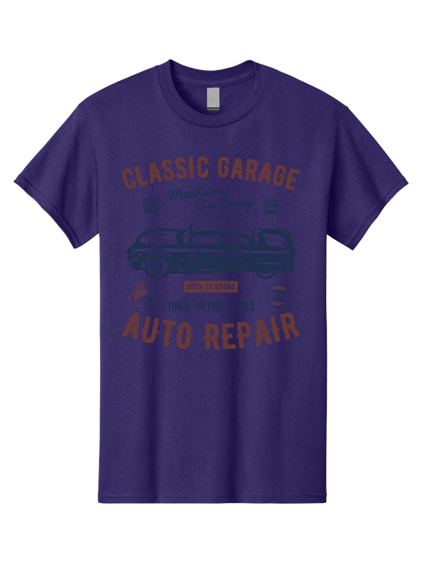Classic-Garage-Auto-Repair Men'S Graphic Tee, 100% Cotton, Comfortable Casual Summer Wear, Machine Washable, Classic Car, Garage Services, 24-Hour Auto Repair, Mechanic On Duty, Tires, Petrols, Oils, Free Coffee, Usa-Based, Auto Repair Shop, Aab932 15