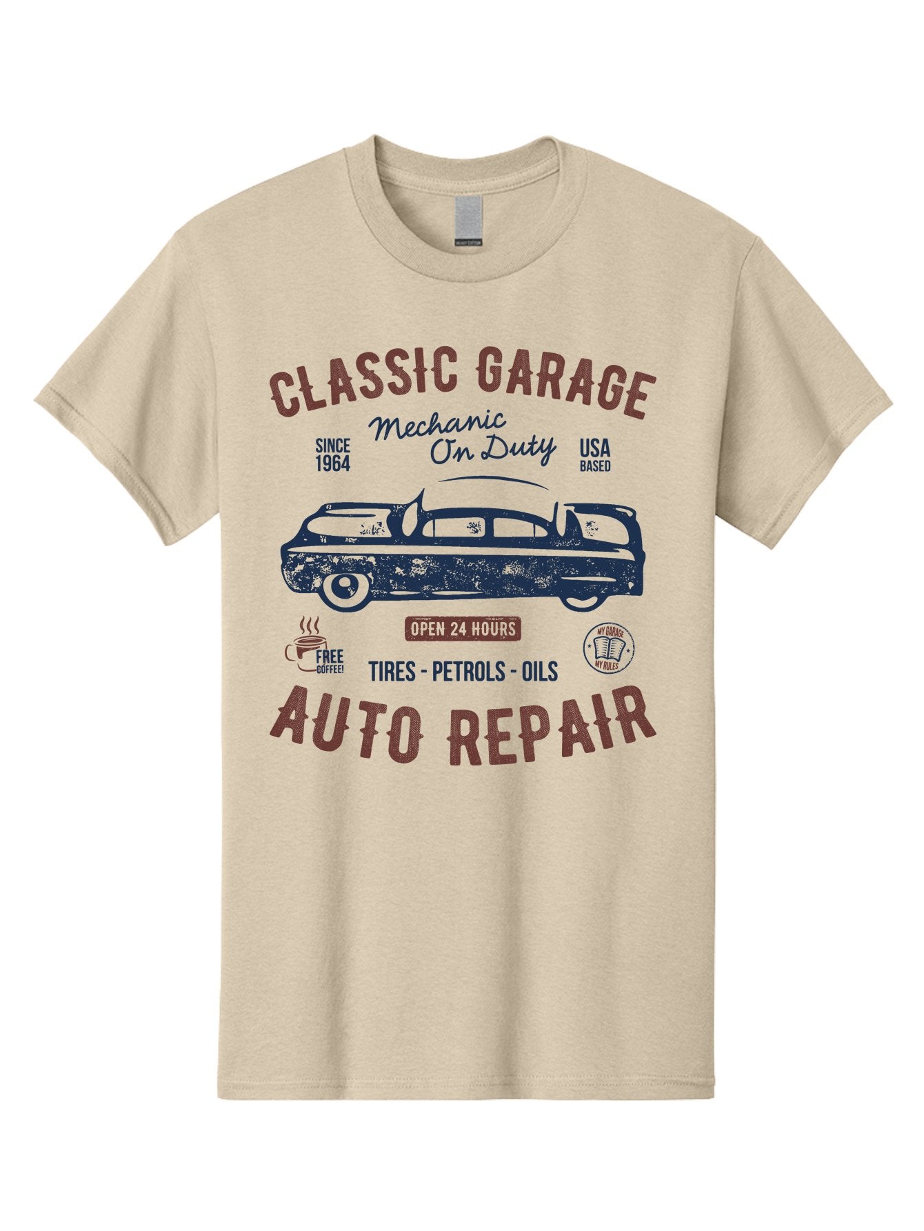 Classic-Garage-Auto-Repair Men'S Graphic Tee, 100% Cotton, Comfortable Casual Summer Wear, Machine Washable, Classic Car, Garage Services, 24-Hour Auto Repair, Mechanic On Duty, Tires, Petrols, Oils, Free Coffee, Usa-Based, Auto Repair Shop, Aab932 9