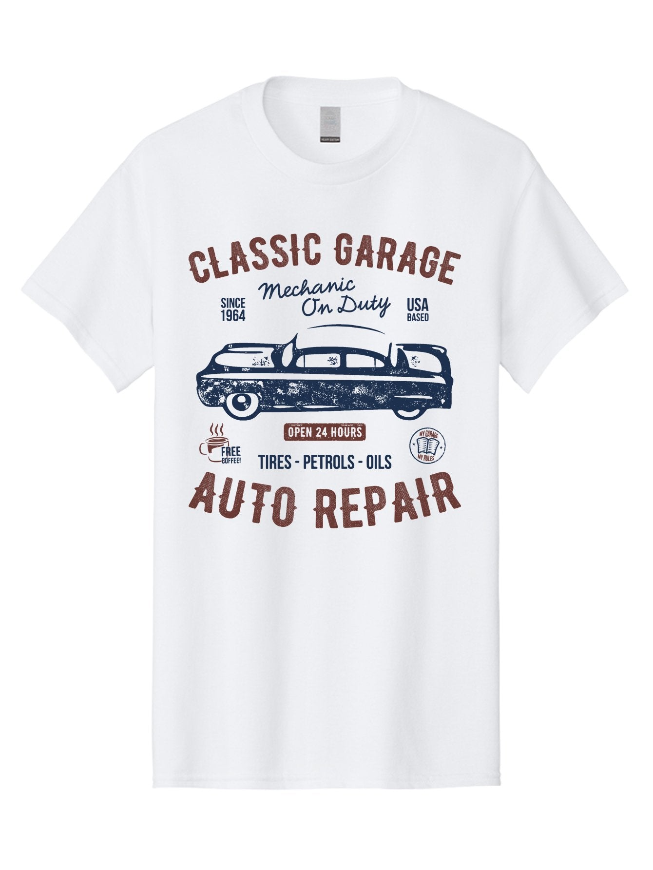 Classic-Garage-Auto-Repair Men'S Graphic Tee, 100% Cotton, Comfortable Casual Summer Wear, Machine Washable, Classic Car, Garage Services, 24-Hour Auto Repair, Mechanic On Duty, Tires, Petrols, Oils, Free Coffee, Usa-Based, Auto Repair Shop, Aab932 13