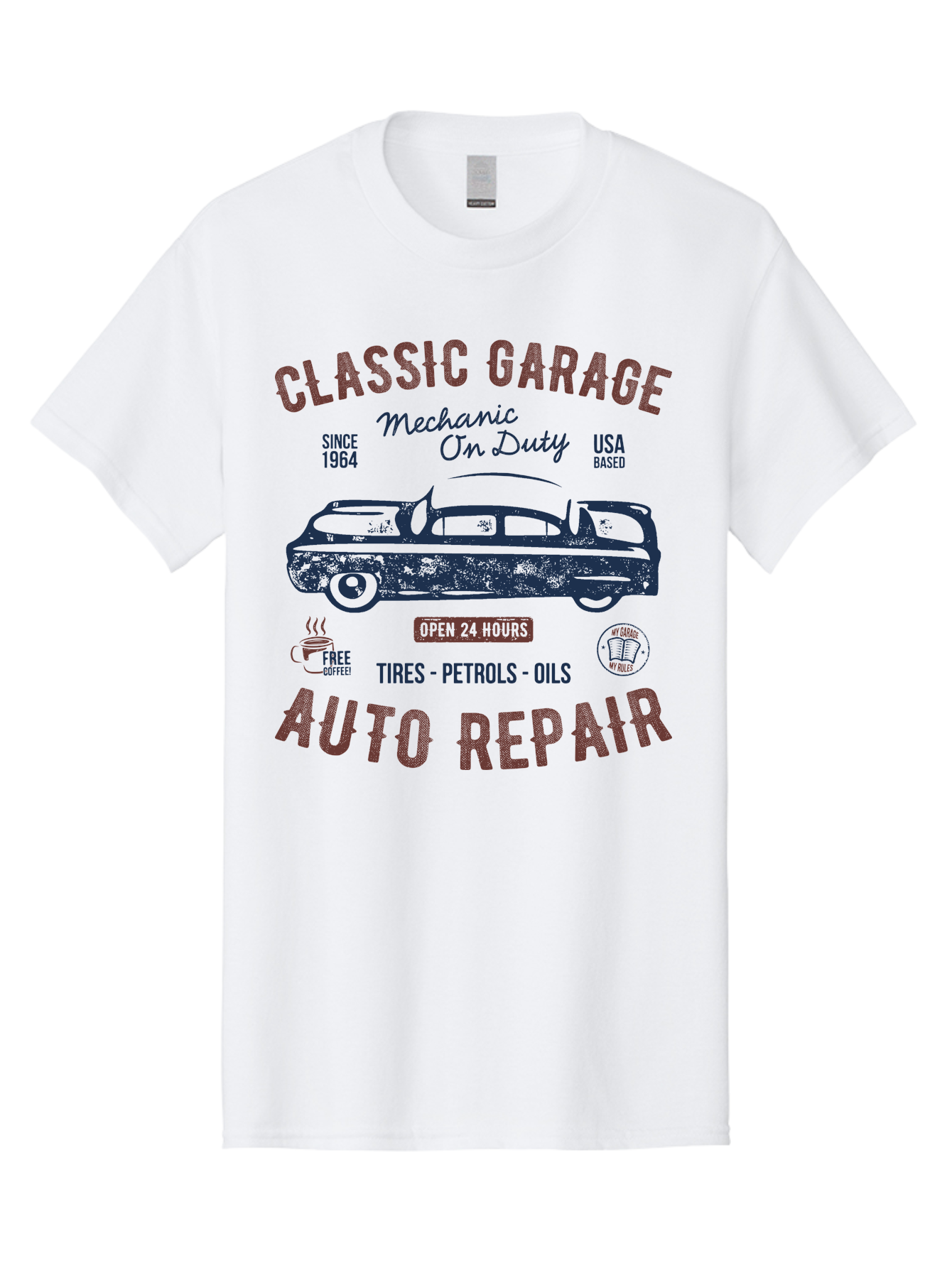Classic-Garage-Auto-Repair Men'S Graphic Tee, 100% Cotton, Comfortable Casual Summer Wear, Machine Washable, Classic Car, Garage Services, 24-Hour Auto Repair, Mechanic On Duty, Tires, Petrols, Oils, Free Coffee, Usa-Based, Auto Repair Shop, Aab932 29