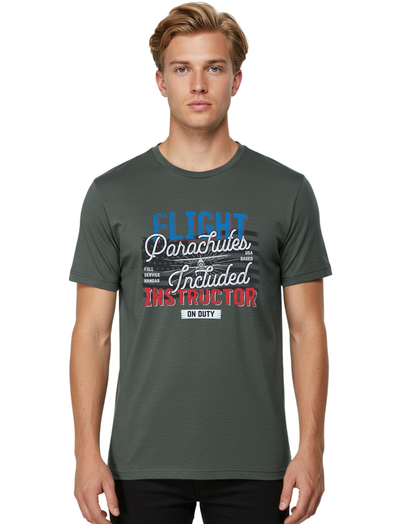 Flight-Parachutes-Included-Instructor Men'S Graphic Tee, 100% Cotton, Comfortable Casual Summer Wear, Machine Washable, Parachute Instructor, Usa Based, Full Service Hangar, On Duty, Flight Training, Parachute Lessons, Skydiving Instructor, Aab934 18