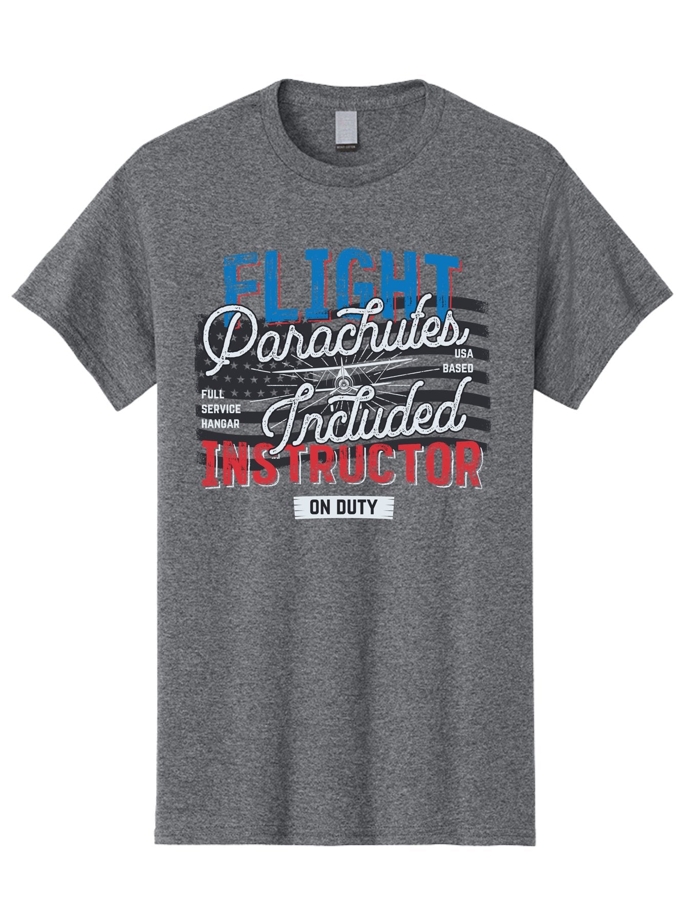 Flight-Parachutes-Included-Instructor Men'S Graphic Tee, 100% Cotton, Comfortable Casual Summer Wear, Machine Washable, Parachute Instructor, Usa Based, Full Service Hangar, On Duty, Flight Training, Parachute Lessons, Skydiving Instructor, Aab934