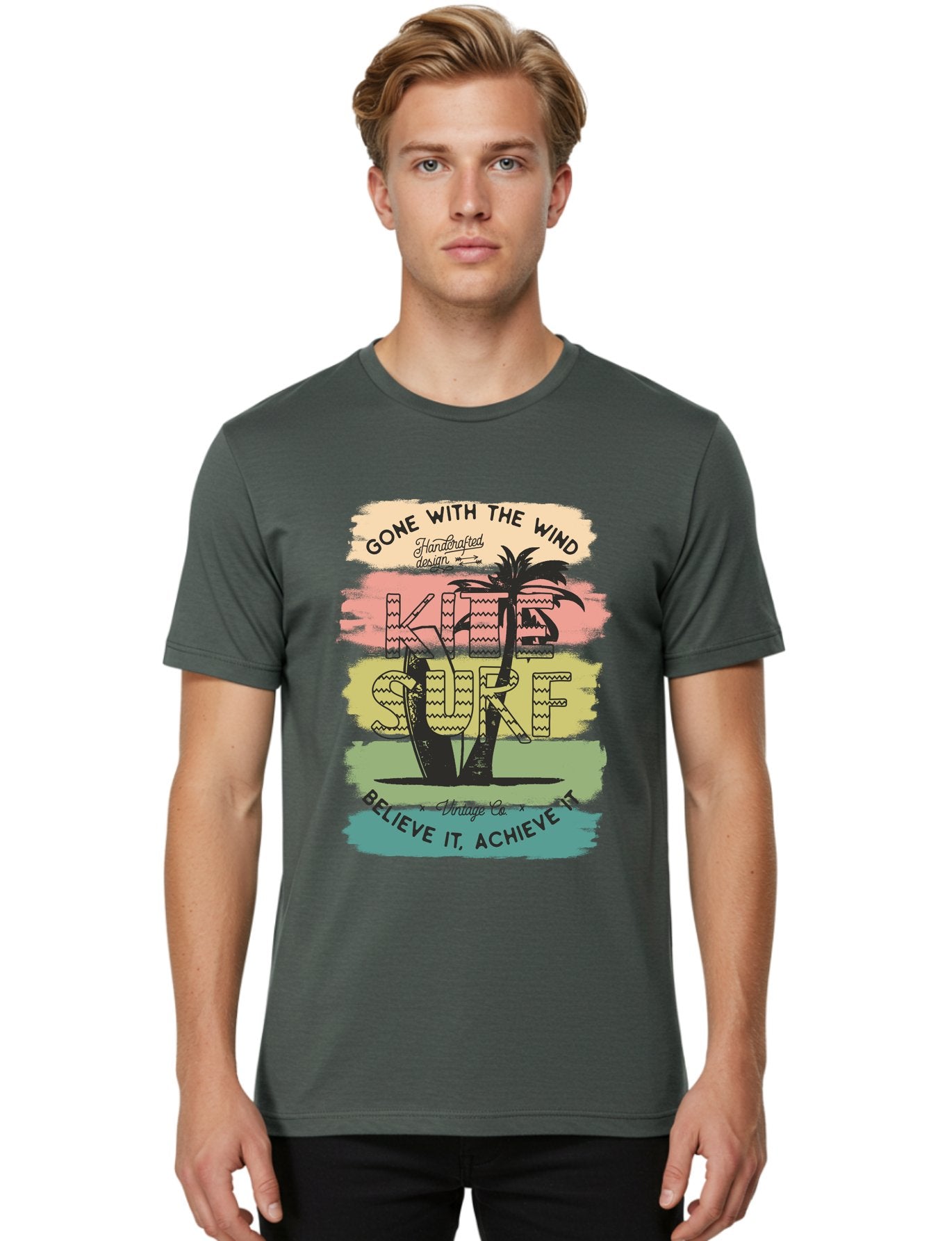 Gone-With-The-Wind-Kite-Surf Men'S Graphic Tee, 100% Cotton, Comfortable Casual Summer Wear, Machine Washable, Surfing Inspiration, Vintage Style, Motivational Quote, Surf Culture, Beach Vibes, Retro Design, Handcrafted Art, Aab935 22
