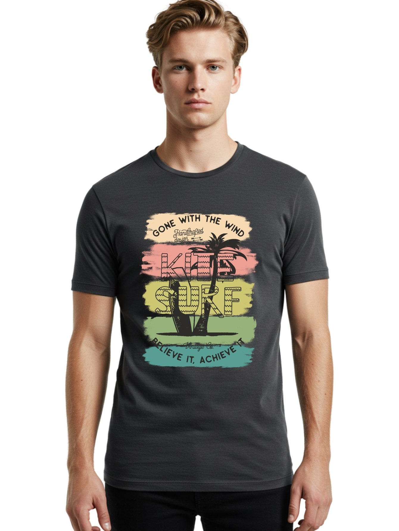 Gone-With-The-Wind-Kite-Surf Men'S Graphic Tee, 100% Cotton, Comfortable Casual Summer Wear, Machine Washable, Surfing Inspiration, Vintage Style, Motivational Quote, Surf Culture, Beach Vibes, Retro Design, Handcrafted Art, Aab935 25