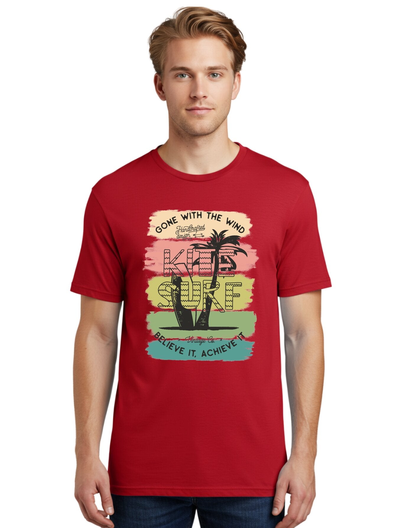 Gone-With-The-Wind-Kite-Surf Men'S Graphic Tee, 100% Cotton, Comfortable Casual Summer Wear, Machine Washable, Surfing Inspiration, Vintage Style, Motivational Quote, Surf Culture, Beach Vibes, Retro Design, Handcrafted Art, Aab935 19