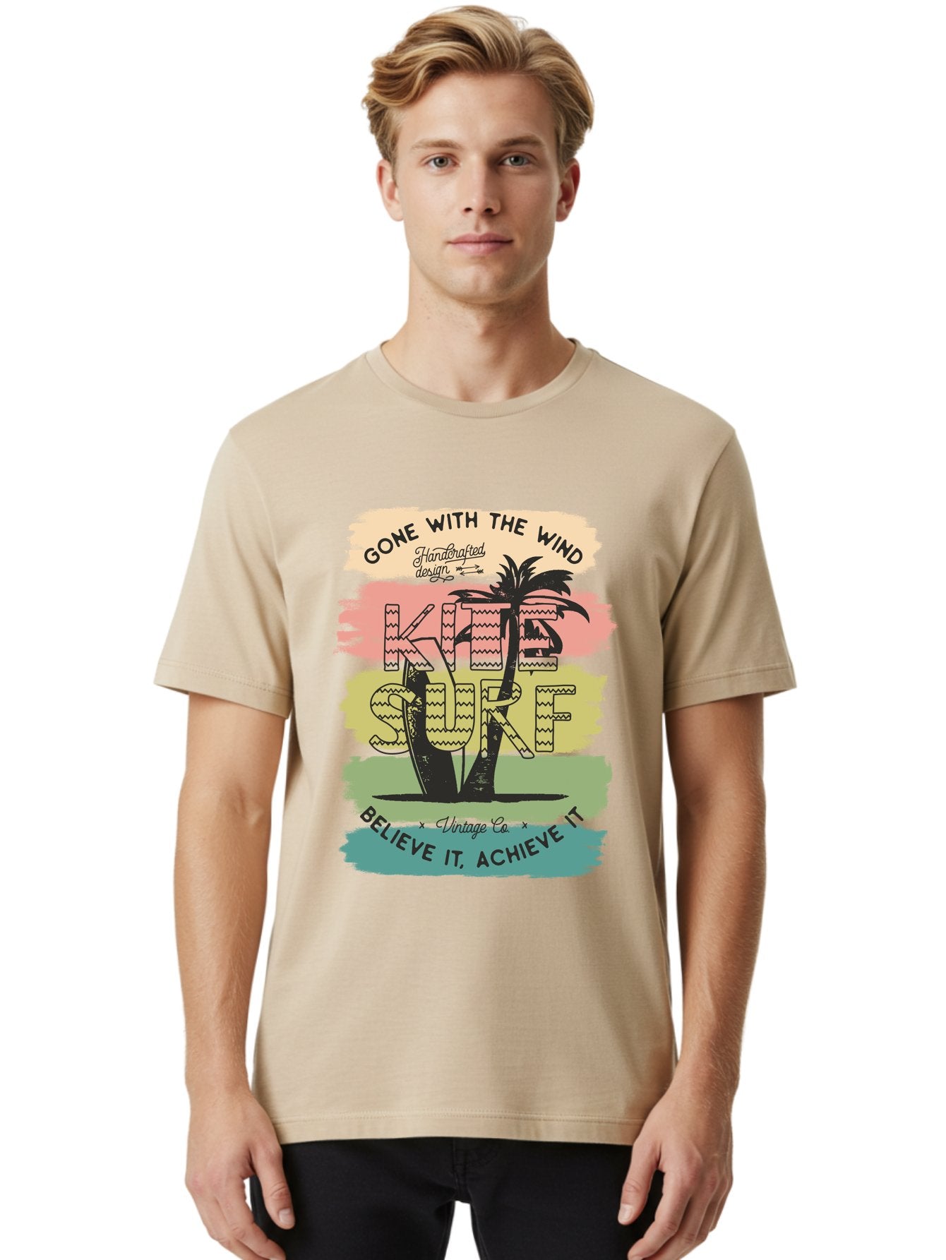 Gone-With-The-Wind-Kite-Surf Men'S Graphic Tee, 100% Cotton, Comfortable Casual Summer Wear, Machine Washable, Surfing Inspiration, Vintage Style, Motivational Quote, Surf Culture, Beach Vibes, Retro Design, Handcrafted Art, Aab935 18