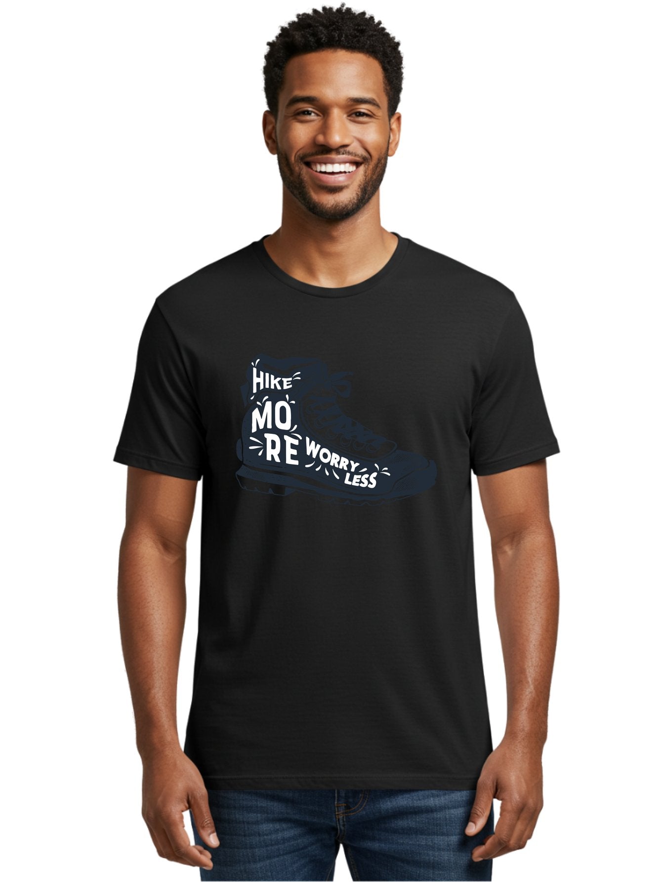 Hike-More-Worry-Less Men'S Graphic Tee, 100% Cotton, Comfortable Casual Summer Wear, Machine Washable, Hiking Boot, Motivational Quote, Outdoor Adventure, Hiking Inspiration, Wellness, Active Lifestyle, Nature Escape, Adventure Seeking, Aab936 18