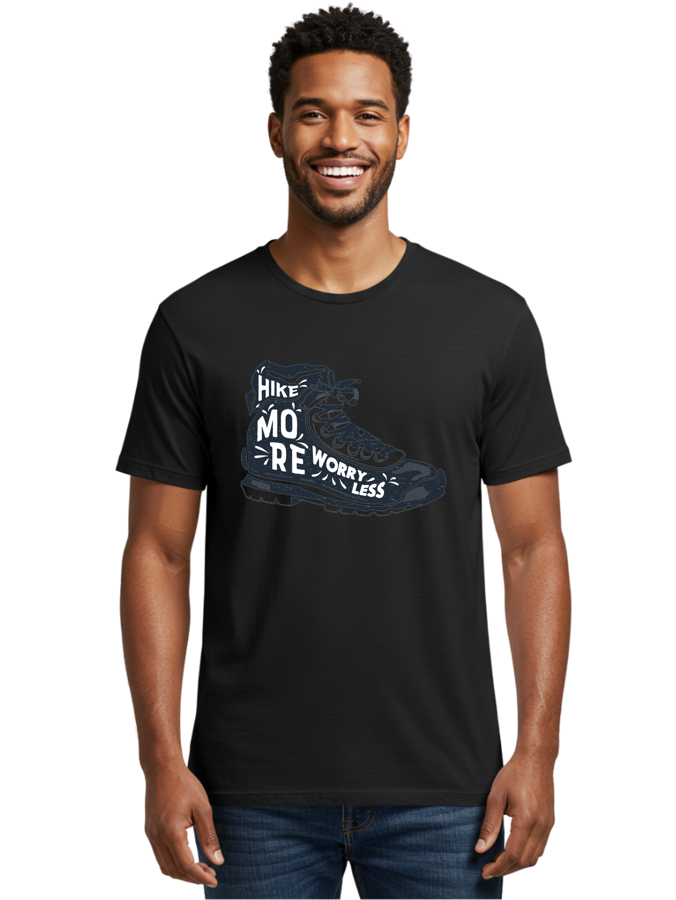 Hike-More-Worry-Less Men'S Graphic Tee, 100% Cotton, Comfortable Casual Summer Wear, Machine Washable, Hiking Boot, Motivational Quote, Outdoor Adventure, Hiking Inspiration, Wellness, Active Lifestyle, Nature Escape, Adventure Seeking, Aab936 24