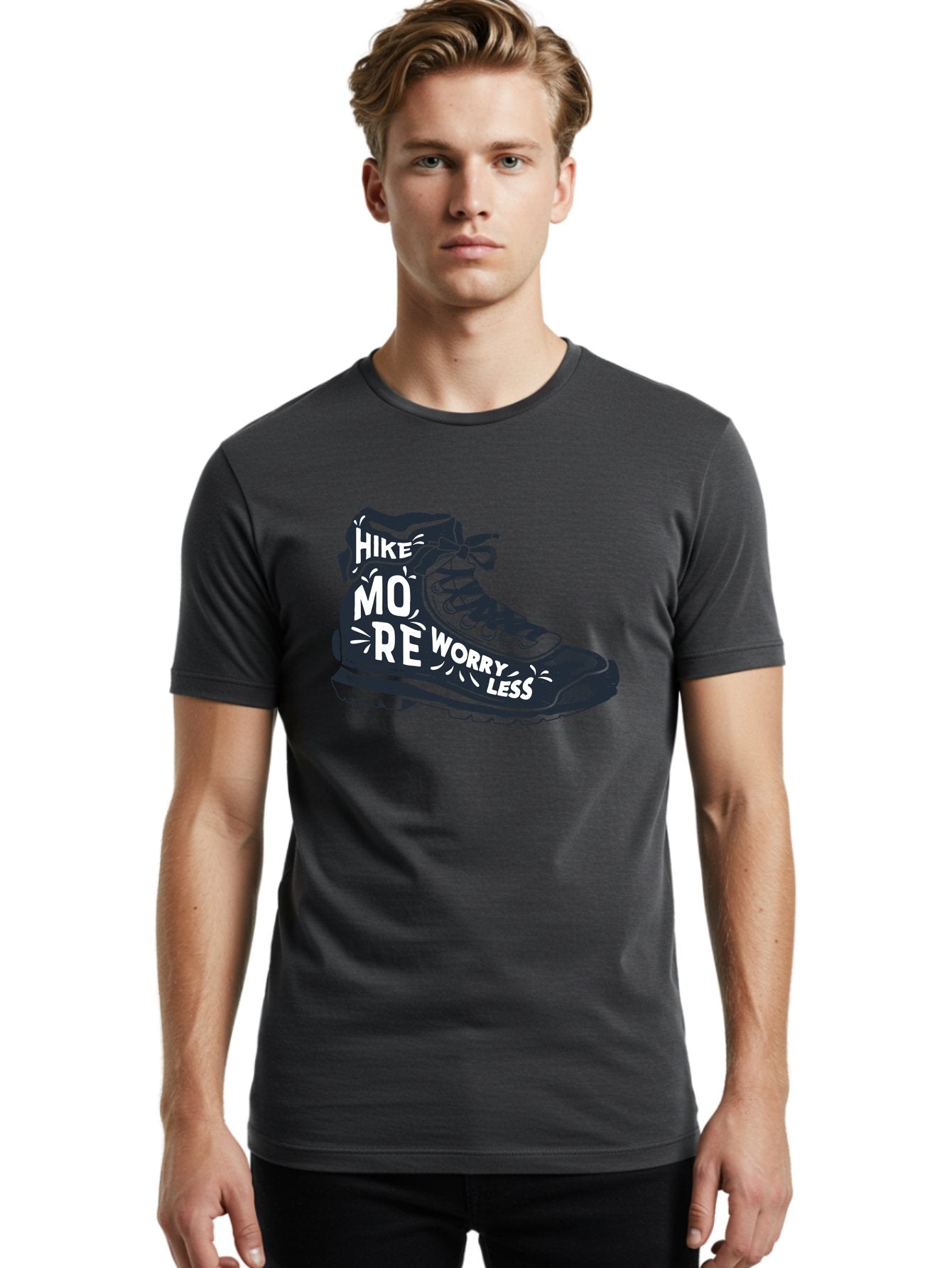 Hike-More-Worry-Less Men'S Graphic Tee, 100% Cotton, Comfortable Casual Summer Wear, Machine Washable, Hiking Boot, Motivational Quote, Outdoor Adventure, Hiking Inspiration, Wellness, Active Lifestyle, Nature Escape, Adventure Seeking, Aab936 20