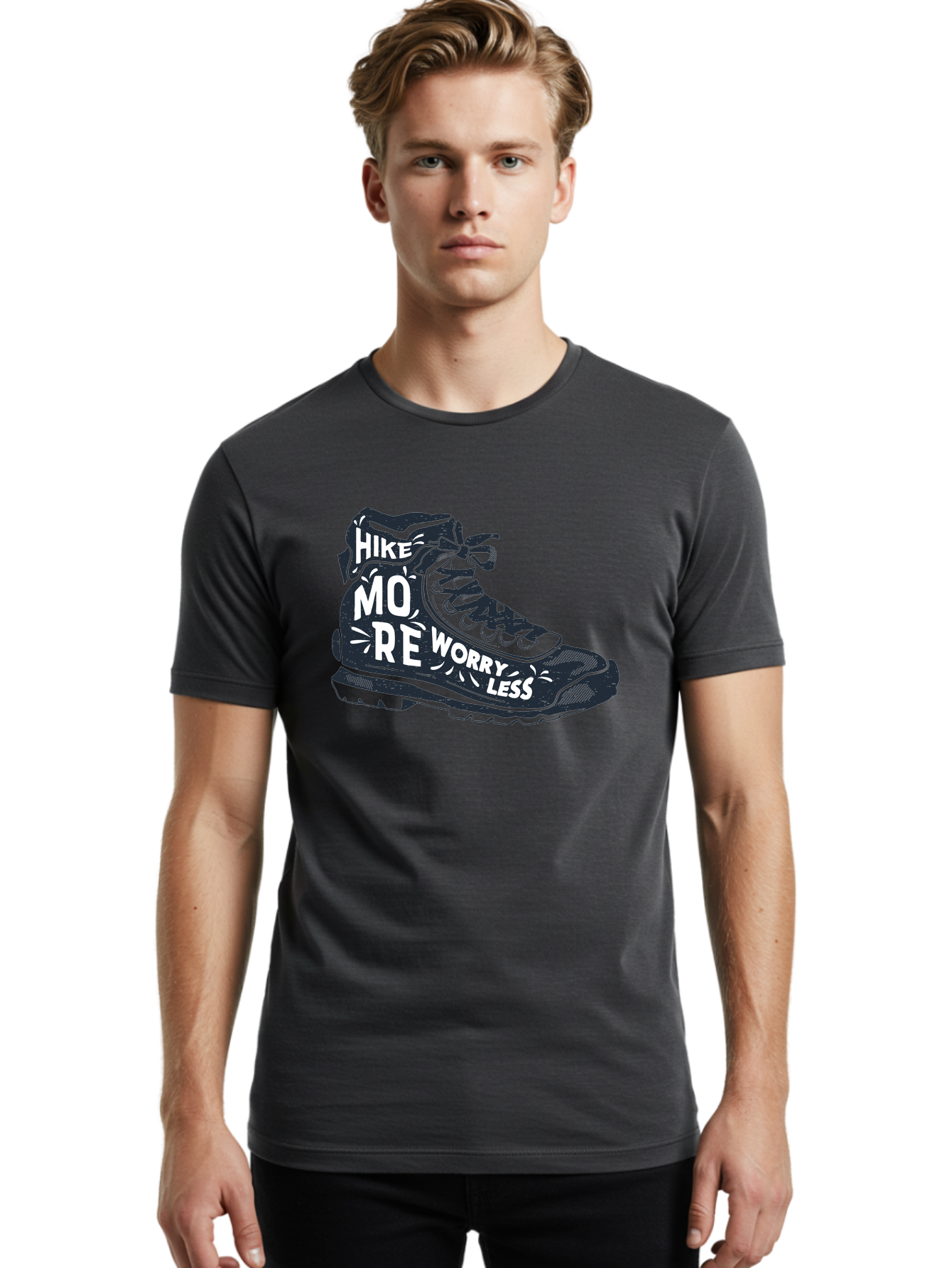 Hike-More-Worry-Less Men'S Graphic Tee, 100% Cotton, Comfortable Casual Summer Wear, Machine Washable, Hiking Boot, Motivational Quote, Outdoor Adventure, Hiking Inspiration, Wellness, Active Lifestyle, Nature Escape, Adventure Seeking, Aab936 30