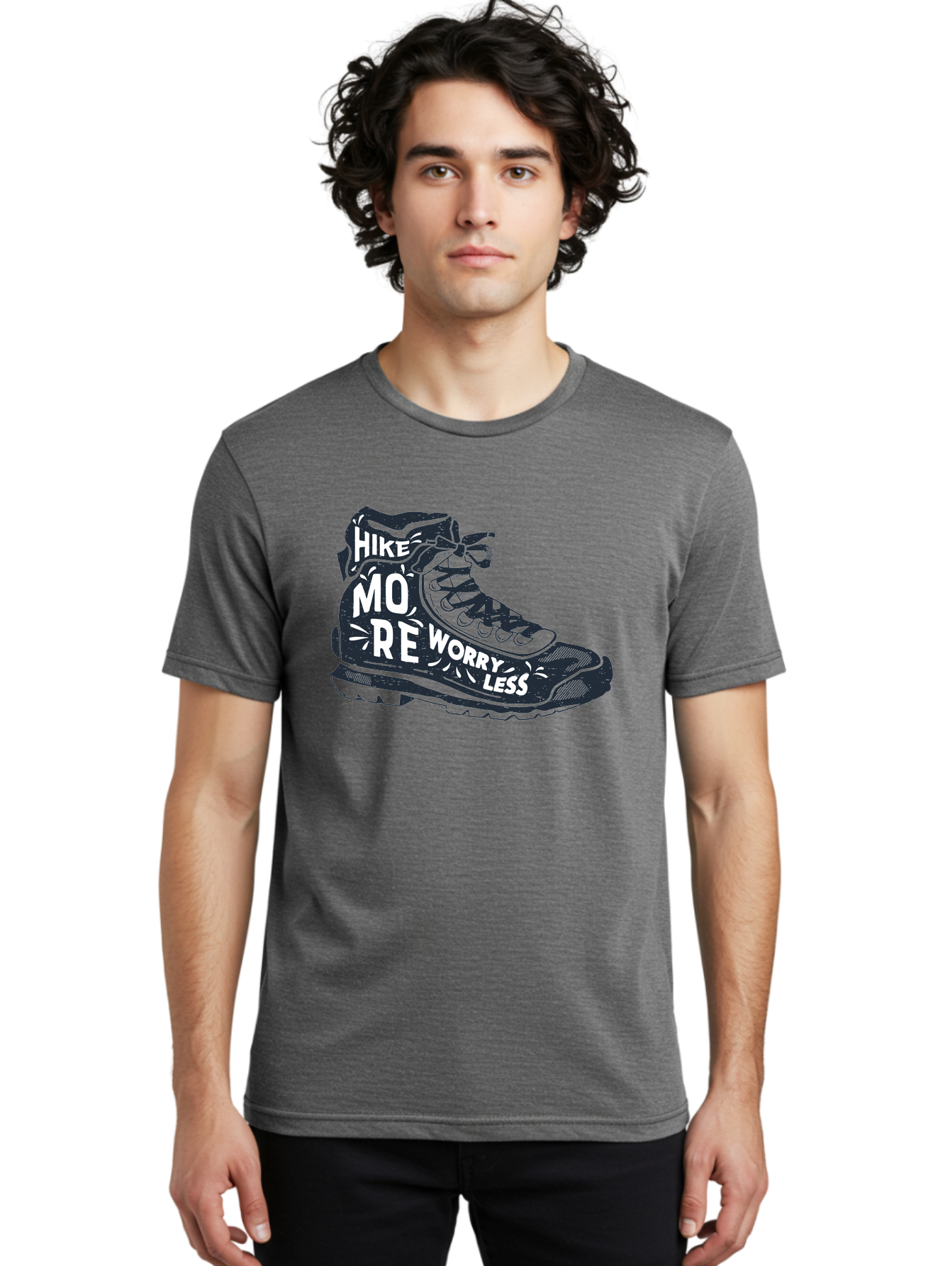 Hike-More-Worry-Less Men'S Graphic Tee, 100% Cotton, Comfortable Casual Summer Wear, Machine Washable, Hiking Boot, Motivational Quote, Outdoor Adventure, Hiking Inspiration, Wellness, Active Lifestyle, Nature Escape, Adventure Seeking, Aab936 26