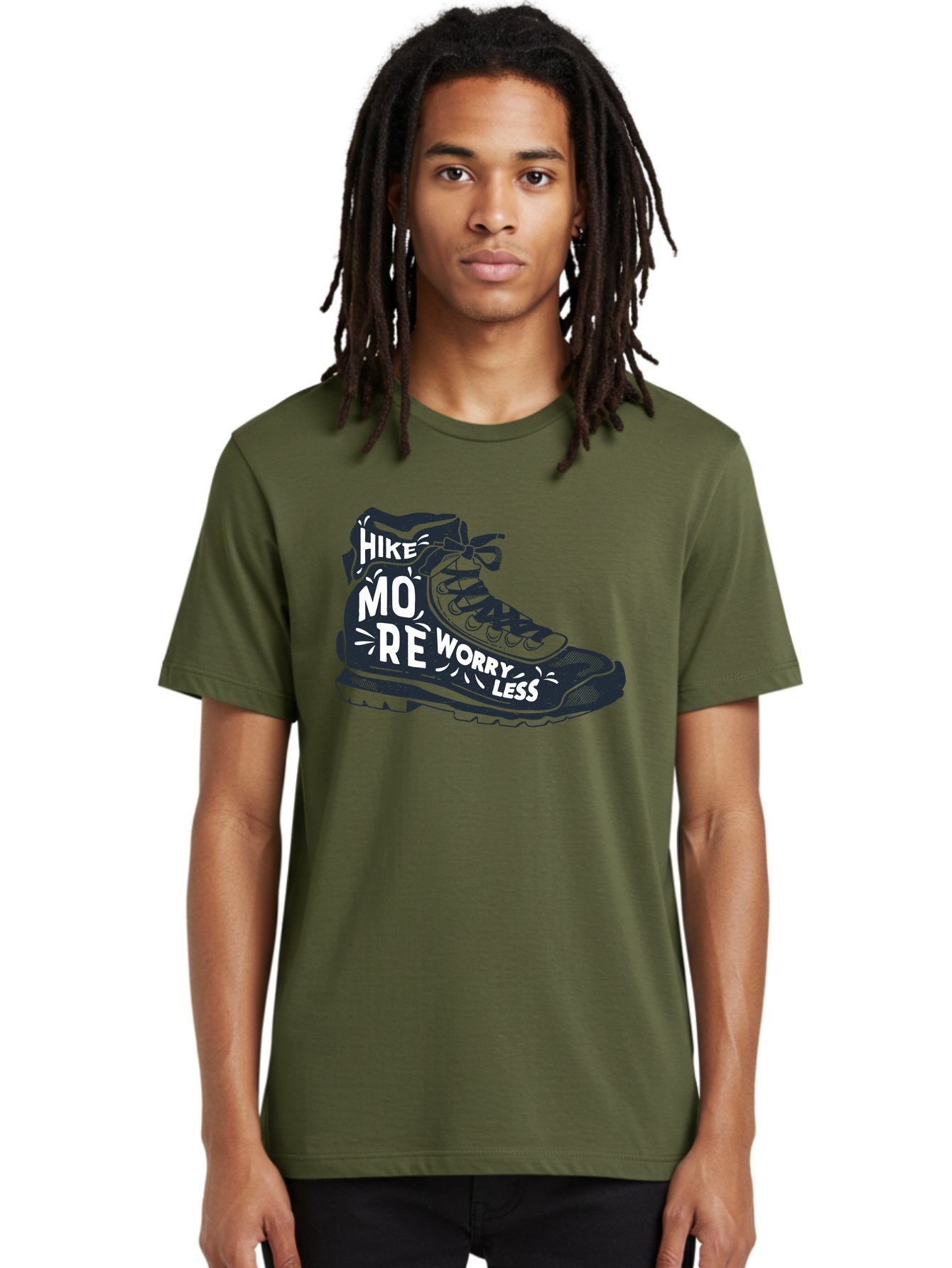 Hike-More-Worry-Less Men'S Graphic Tee, 100% Cotton, Comfortable Casual Summer Wear, Machine Washable, Hiking Boot, Motivational Quote, Outdoor Adventure, Hiking Inspiration, Wellness, Active Lifestyle, Nature Escape, Adventure Seeking, Aab936 17
