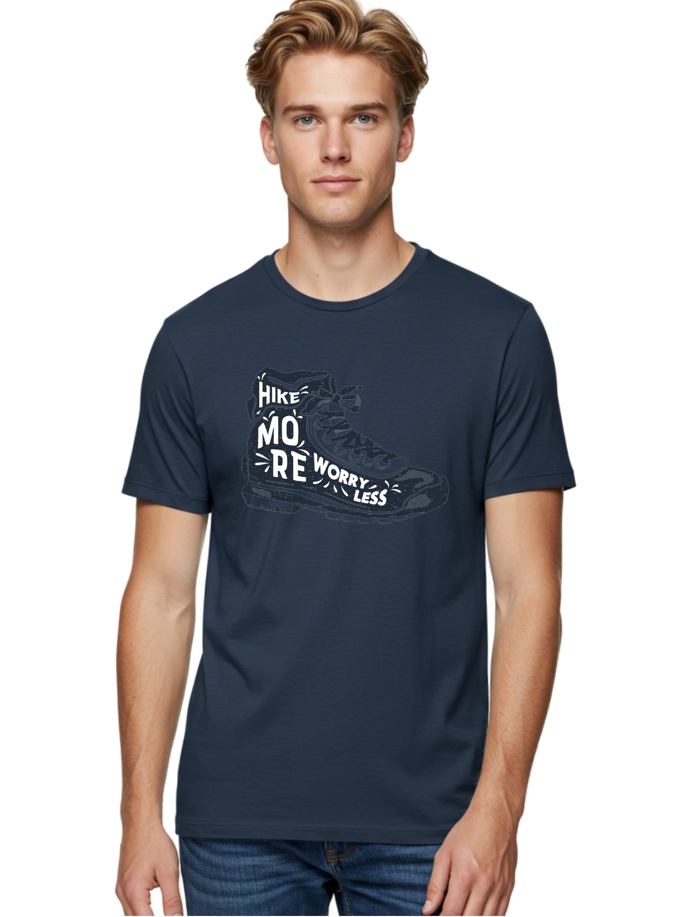 Hike-More-Worry-Less Men'S Graphic Tee, 100% Cotton, Comfortable Casual Summer Wear, Machine Washable, Hiking Boot, Motivational Quote, Outdoor Adventure, Hiking Inspiration, Wellness, Active Lifestyle, Nature Escape, Adventure Seeking, Aab936 22