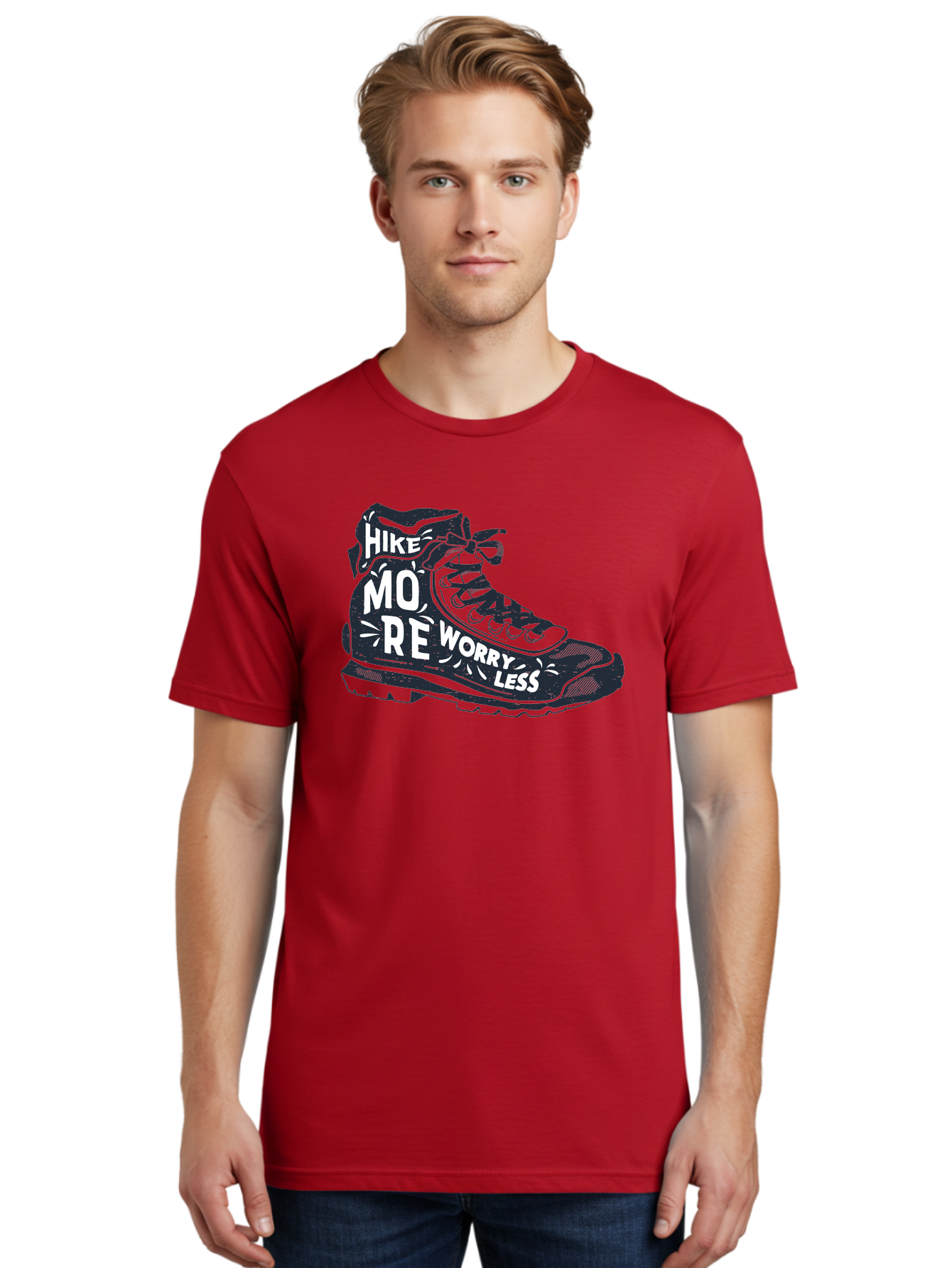 Hike-More-Worry-Less Men'S Graphic Tee, 100% Cotton, Comfortable Casual Summer Wear, Machine Washable, Hiking Boot, Motivational Quote, Outdoor Adventure, Hiking Inspiration, Wellness, Active Lifestyle, Nature Escape, Adventure Seeking, Aab936