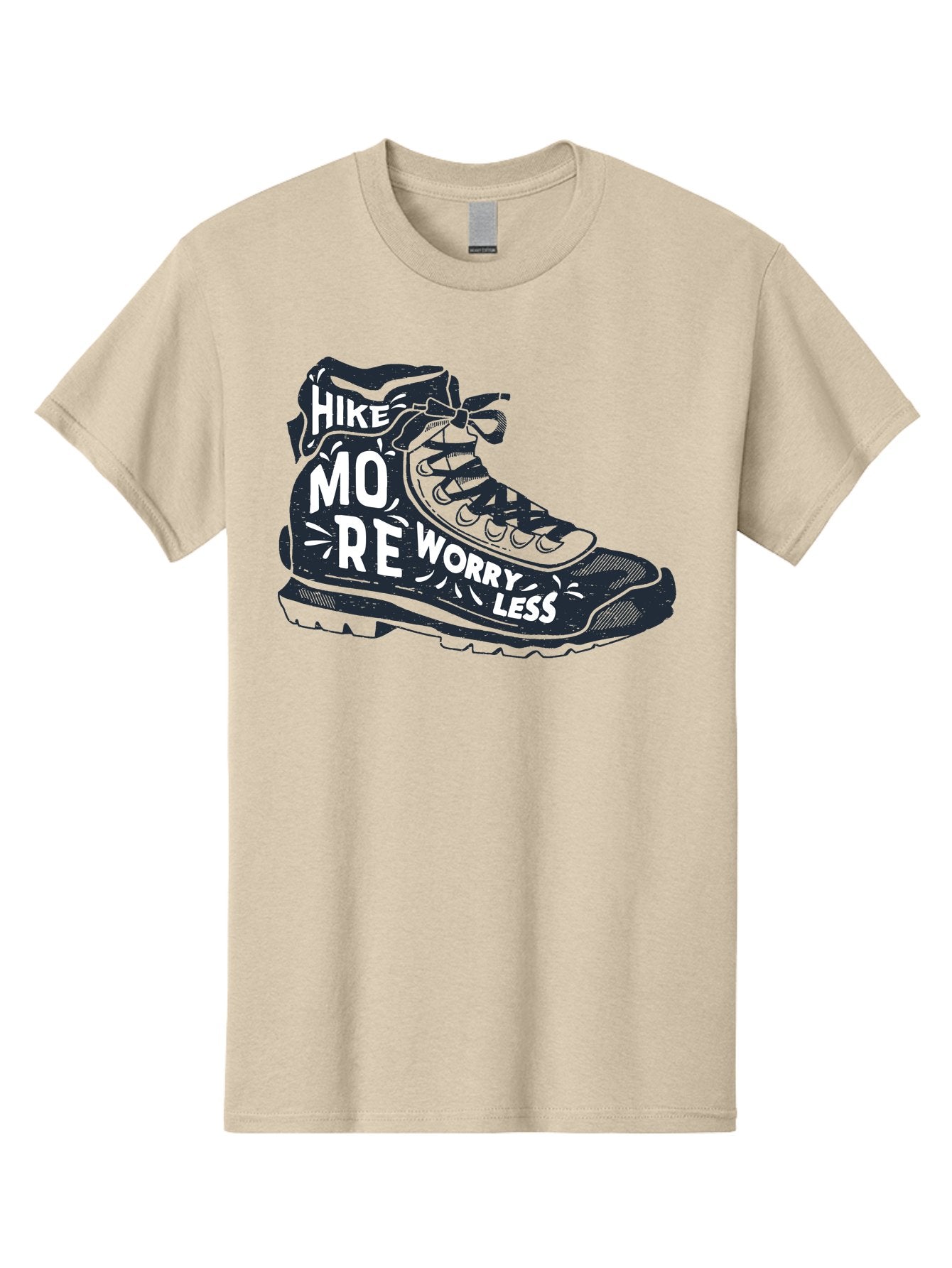 Hike-More-Worry-Less Men'S Graphic Tee, 100% Cotton, Comfortable Casual Summer Wear, Machine Washable, Hiking Boot, Motivational Quote, Outdoor Adventure, Hiking Inspiration, Wellness, Active Lifestyle, Nature Escape, Adventure Seeking, Aab936