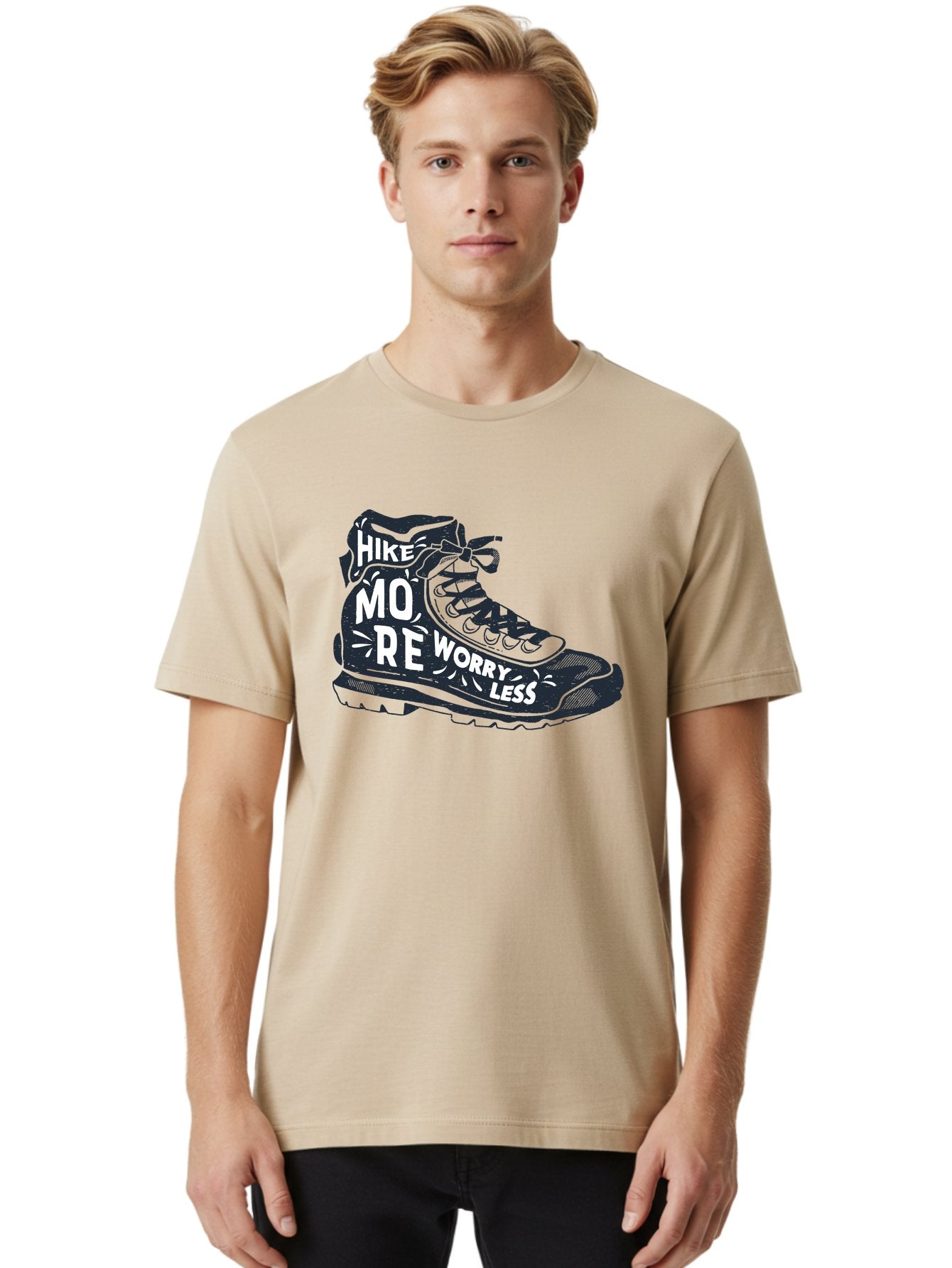 Hike-More-Worry-Less Men'S Graphic Tee, 100% Cotton, Comfortable Casual Summer Wear, Machine Washable, Hiking Boot, Motivational Quote, Outdoor Adventure, Hiking Inspiration, Wellness, Active Lifestyle, Nature Escape, Adventure Seeking, Aab936 21