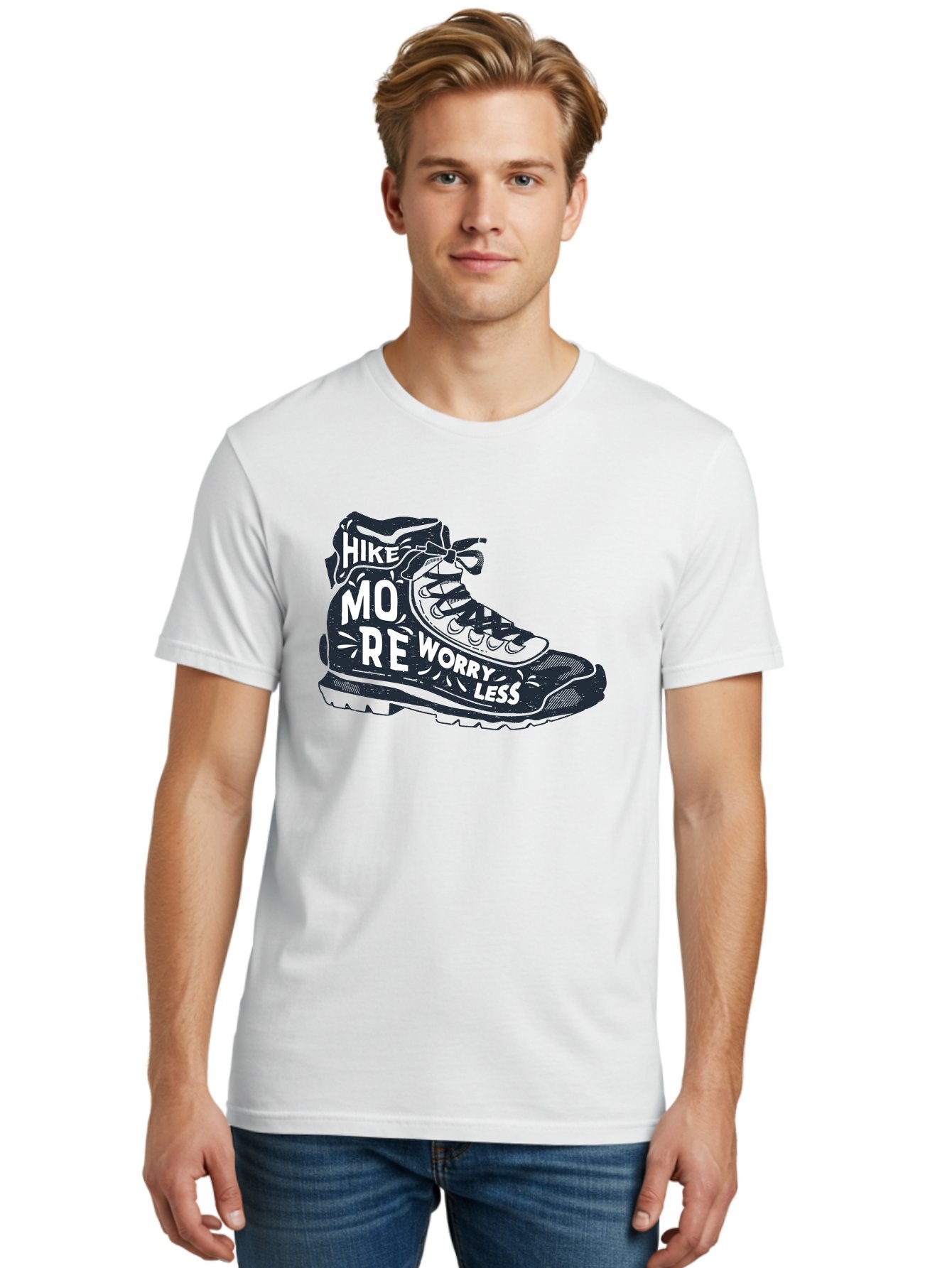 Hike-More-Worry-Less Men'S Graphic Tee, 100% Cotton, Comfortable Casual Summer Wear, Machine Washable, Hiking Boot, Motivational Quote, Outdoor Adventure, Hiking Inspiration, Wellness, Active Lifestyle, Nature Escape, Adventure Seeking, Aab936 29