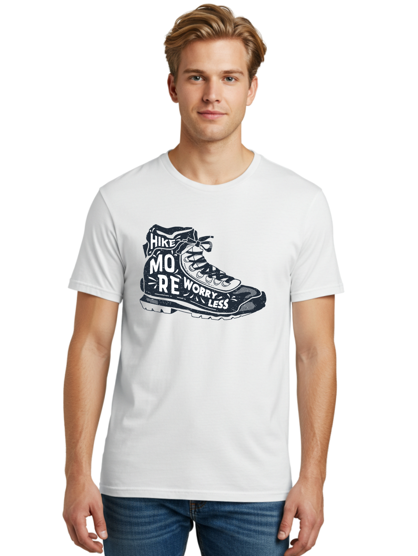 Hike-More-Worry-Less Men'S Graphic Tee, 100% Cotton, Comfortable Casual Summer Wear, Machine Washable, Hiking Boot, Motivational Quote, Outdoor Adventure, Hiking Inspiration, Wellness, Active Lifestyle, Nature Escape, Adventure Seeking, Aab936 4