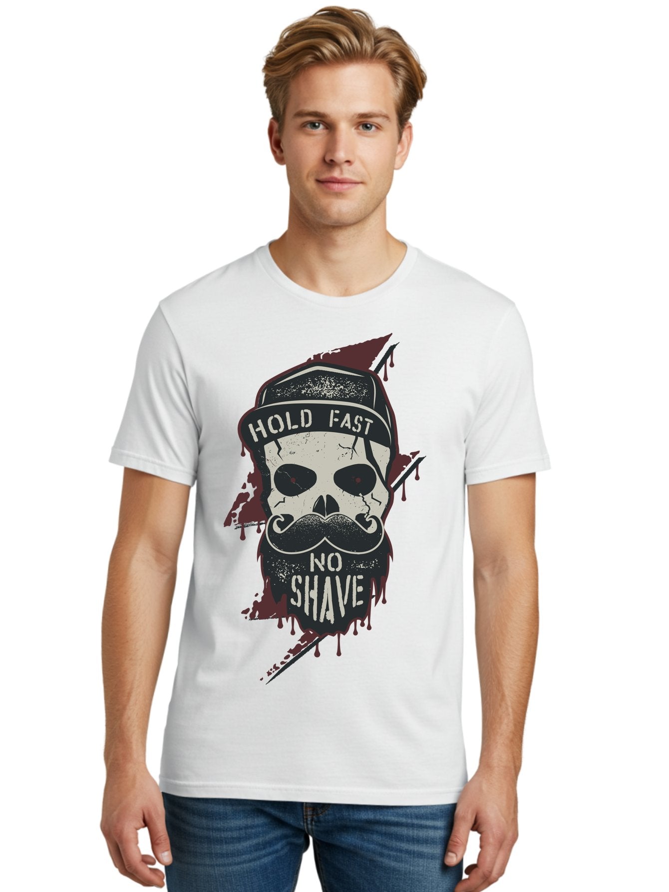 Hold-Fast-No-Shave-1 Men'S Graphic Tee, 100% Cotton, Comfortable Casual Summer Wear, Machine Washable, Skull With Beard And Mustache, Biker Skull, Grunge Style, Punk Rock Aesthetic, Edgy Design, Bold Graphics, Hold Fast, No Shave Aab937 29