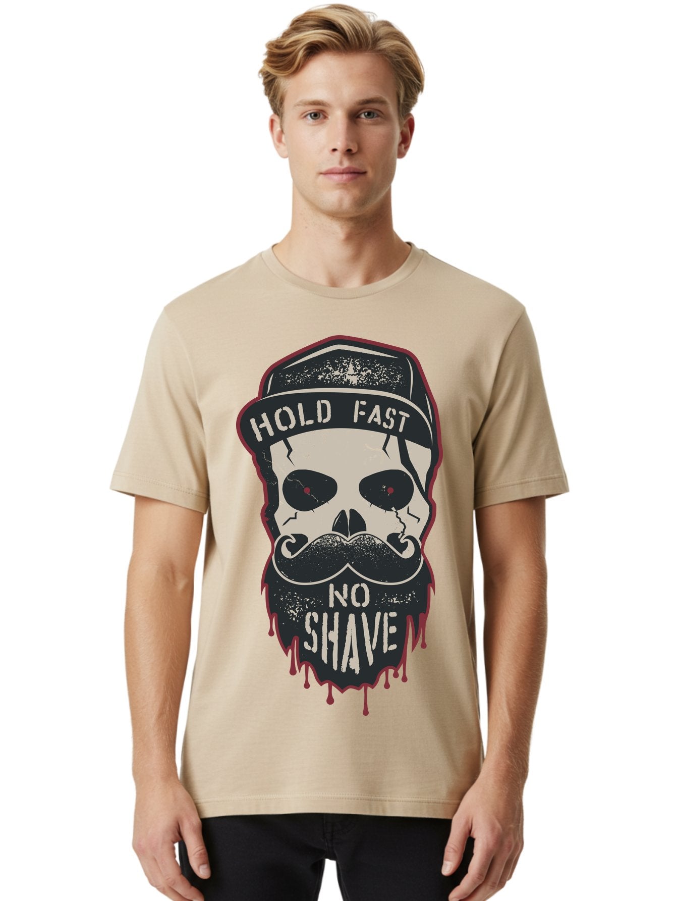 Hold-Fast-No-Shave-2 Men'S Graphic Tee, 100% Cotton, Comfortable Casual Summer Wear, Machine Washable, Skull With Beard And Mustache, Bold Typography, Edgy Design, Skull Art, Barber Culture, Grooming Inspiration, Tattoo Art, Grunge Style, Aab938 21