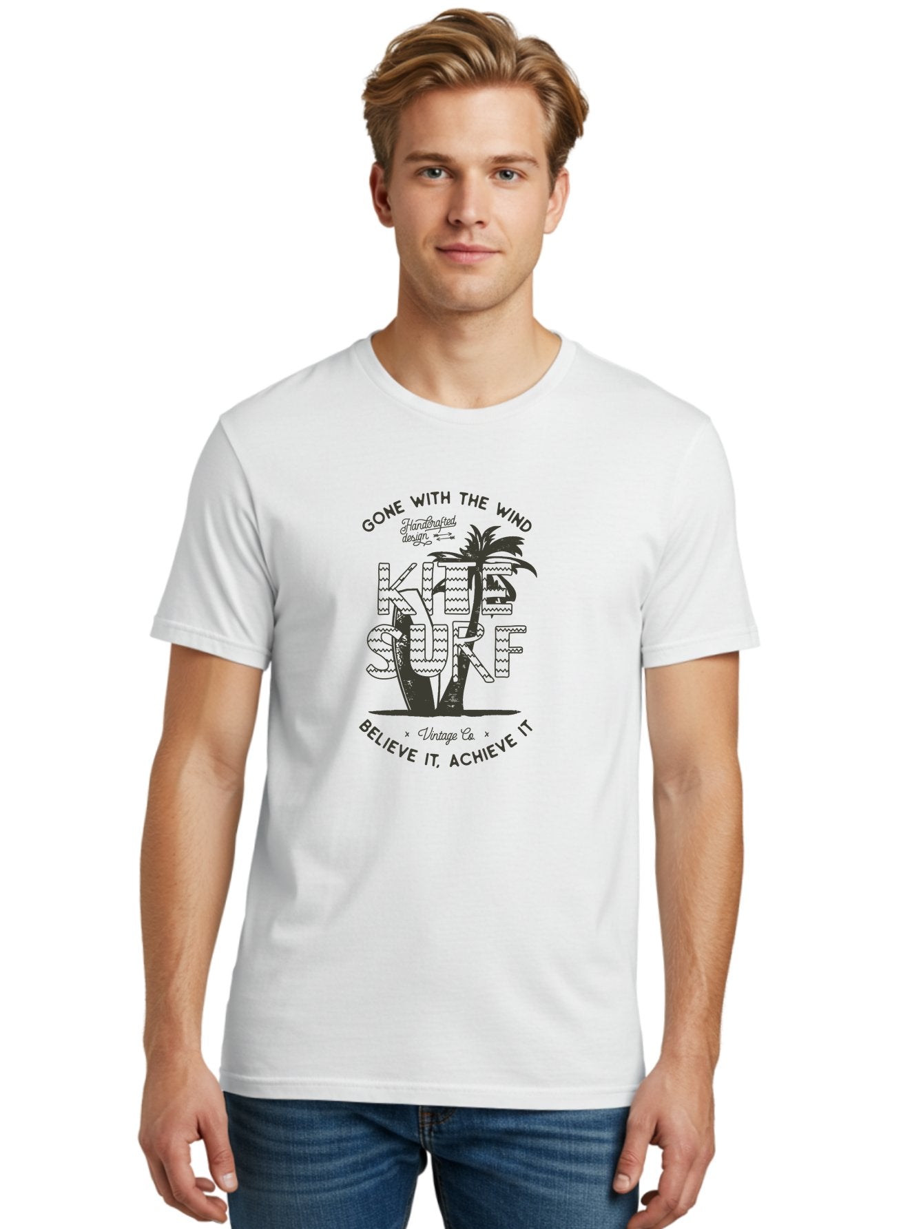 Kitesurf Men'S Graphic Tee, 100% Cotton, Comfortable Casual Summer Wear, Machine Washable, Kite Surfing, Water Sports, Adventure Seekers, Motivational Quotes, Inspirational Phrases, Gone With The Wind, Believe It Achieve It, Aab940 28