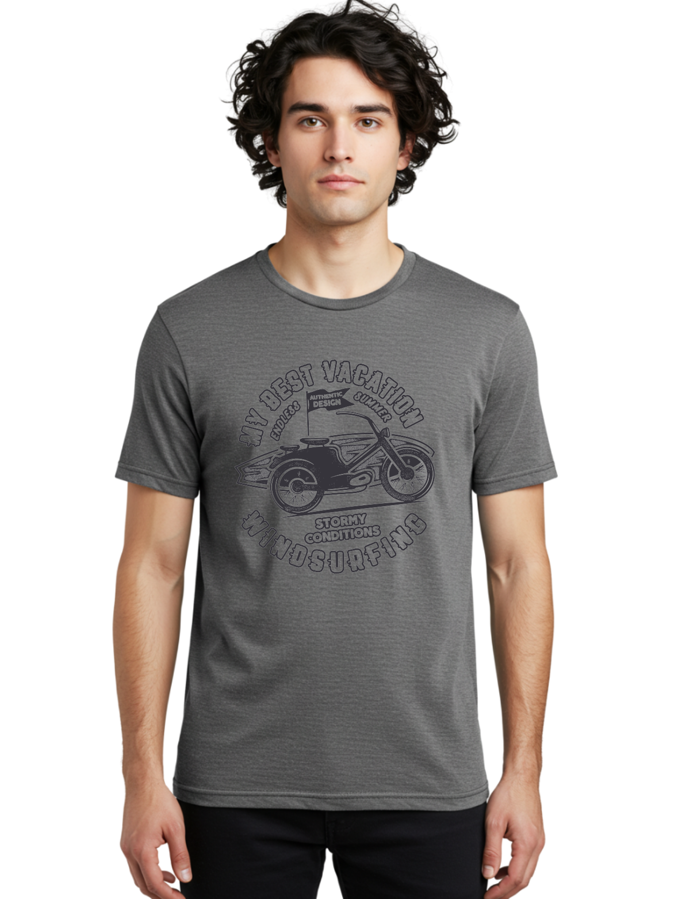 My-Best-Vacation-Windsurfing Men'S Graphic Tee, 100% Cotton, Comfortable Casual Summer Wear, Machine Washable, Motorcycle With Flag, Endless Summer, Stormy Conditions, Authentic Design, Winds Contention, Vacation Mode, Outdoor Adventure, Aab944