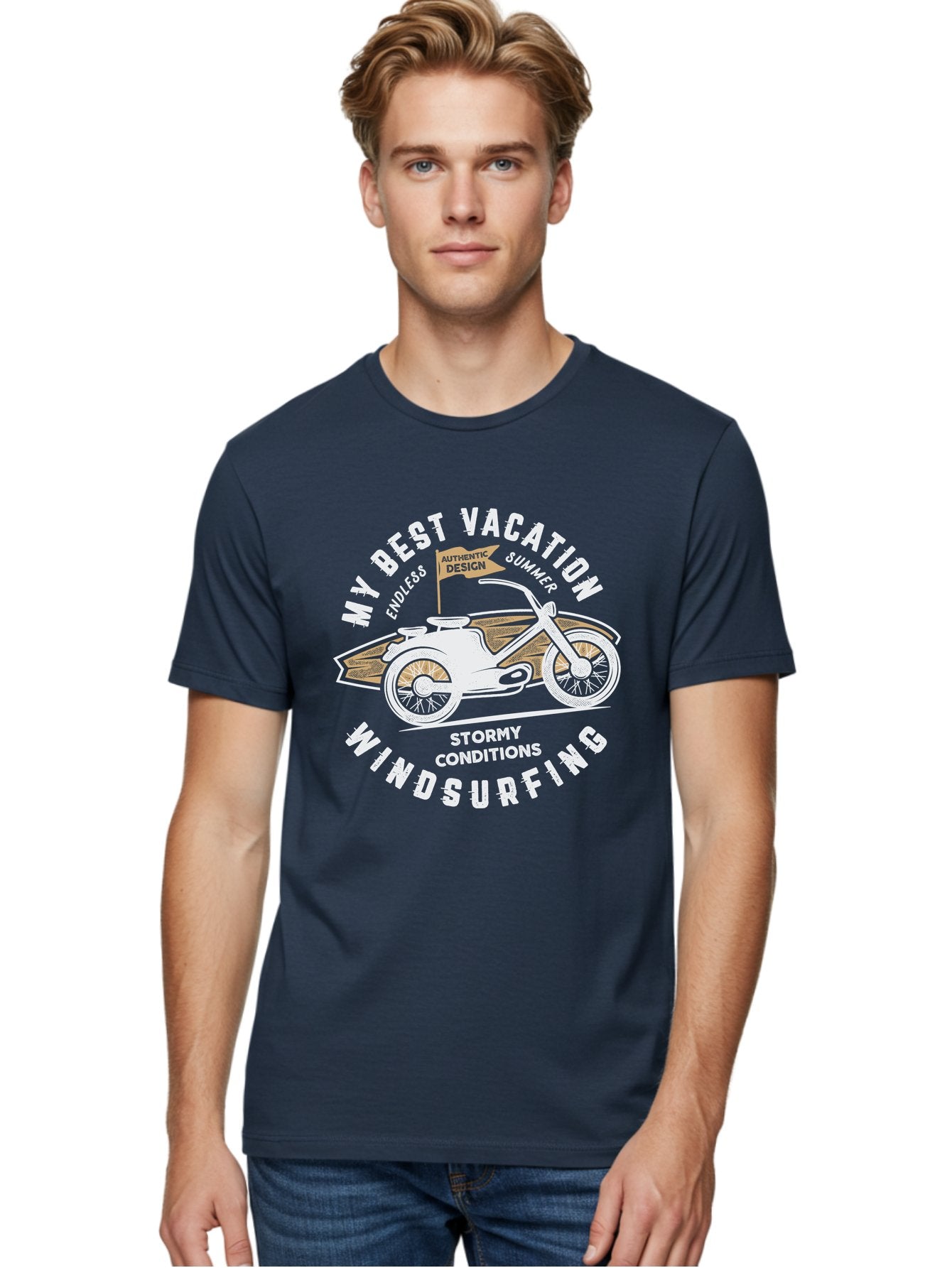 My-Best-Vacation Men'S Graphic Tee, 100% Cotton, Comfortable Casual Summer Wear, Machine Washable, Motorcycle Graphic, Vacation Summer Vibes, Windsurfing Adventures, Stormy Weather, Endless Summer Fun, Authentic Design Elements, Aab945 23