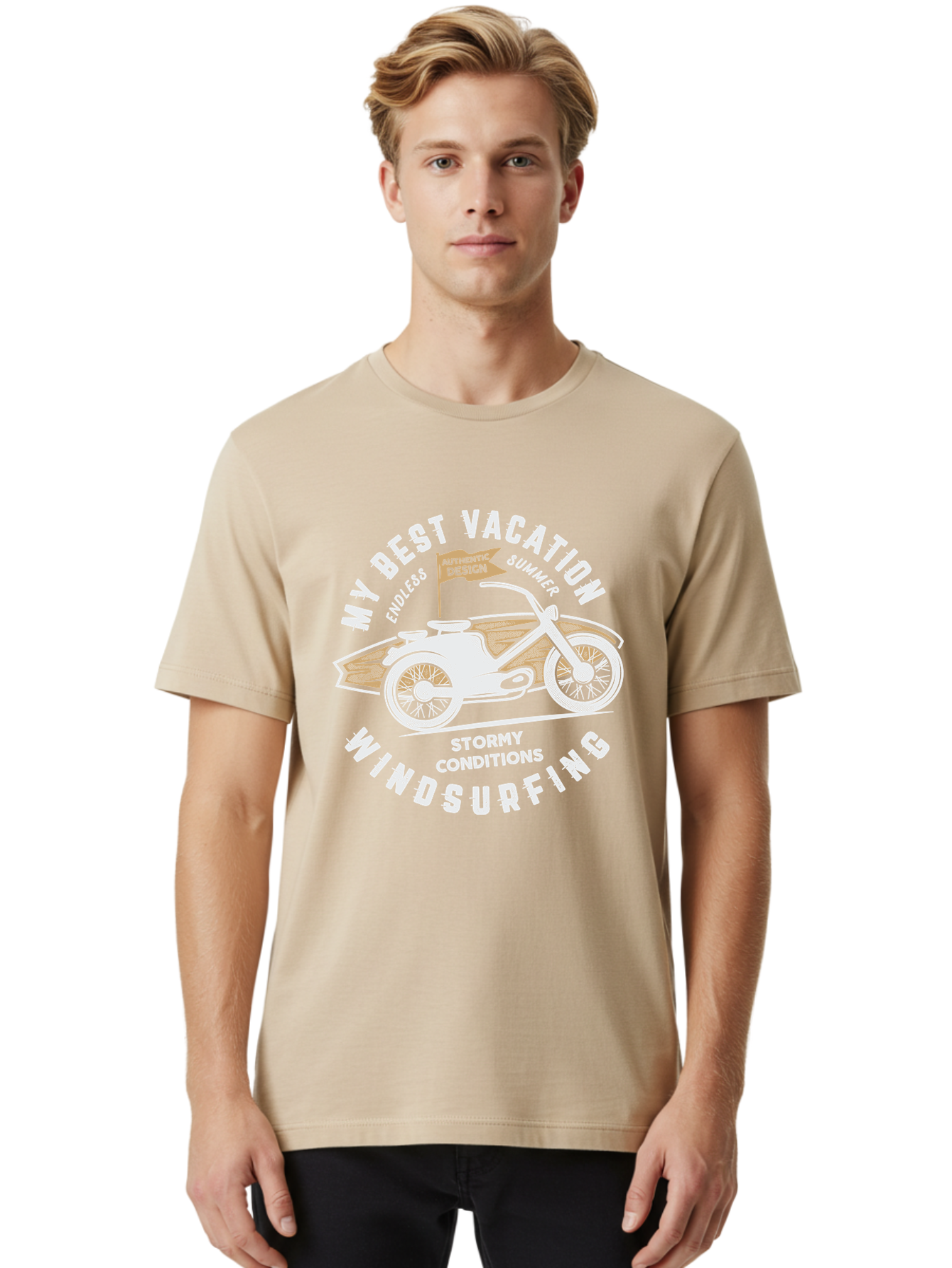 My-Best-Vacation Men'S Graphic Tee, 100% Cotton, Comfortable Casual Summer Wear, Machine Washable, Motorcycle Graphic, Vacation Summer Vibes, Windsurfing Adventures, Stormy Weather, Endless Summer Fun, Authentic Design Elements, Aab945