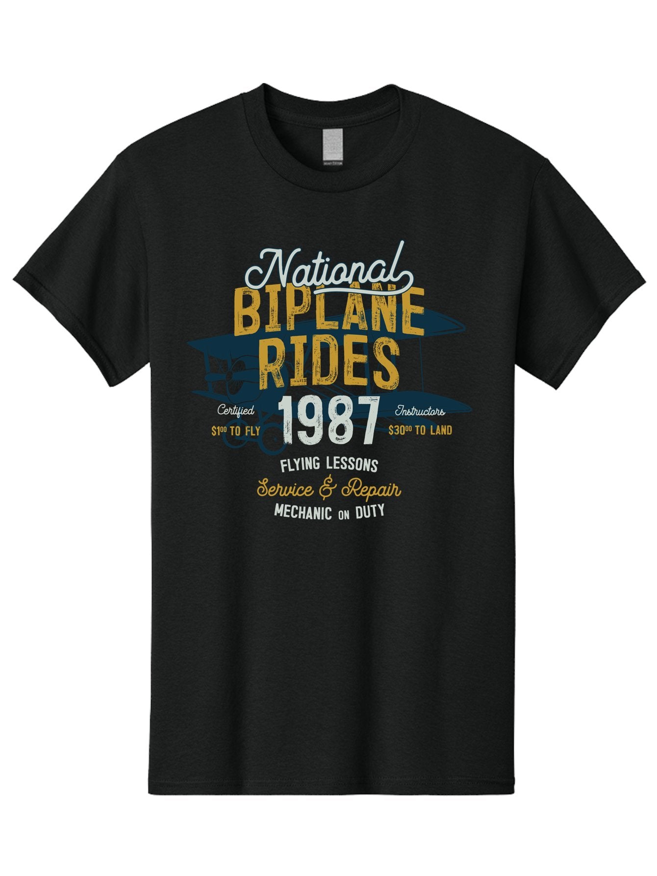 National-Biplane-Rides Men'S Graphic Tee, 100% Cotton, Comfortable Casual Summer Wear, Machine Washable, Vintage Airplane, Biplane Rides, Flying Lessons, Certified Instructors, Service And Repair, Mechanic On Duty, Aviation Experience, 1987, Aab946 8