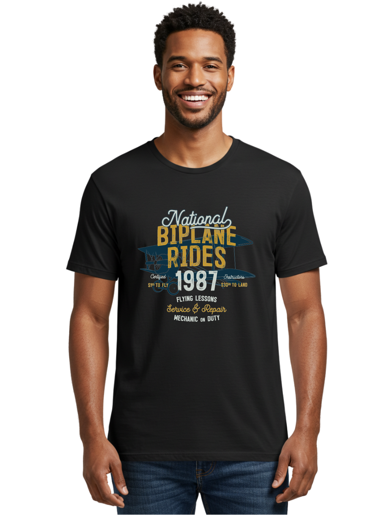 National-Biplane-Rides Men'S Graphic Tee, 100% Cotton, Comfortable Casual Summer Wear, Machine Washable, Vintage Airplane, Biplane Rides, Flying Lessons, Certified Instructors, Service And Repair, Mechanic On Duty, Aviation Experience, 1987, Aab946 12