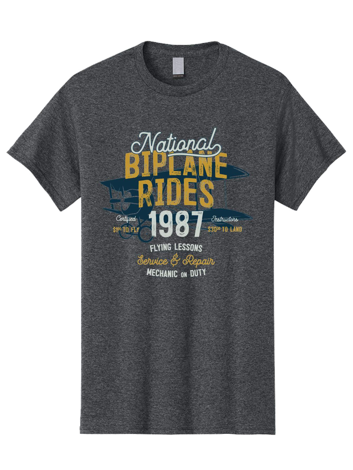 National-Biplane-Rides Men'S Graphic Tee, 100% Cotton, Comfortable Casual Summer Wear, Machine Washable, Vintage Airplane, Biplane Rides, Flying Lessons, Certified Instructors, Service And Repair, Mechanic On Duty, Aviation Experience, 1987, Aab946 17