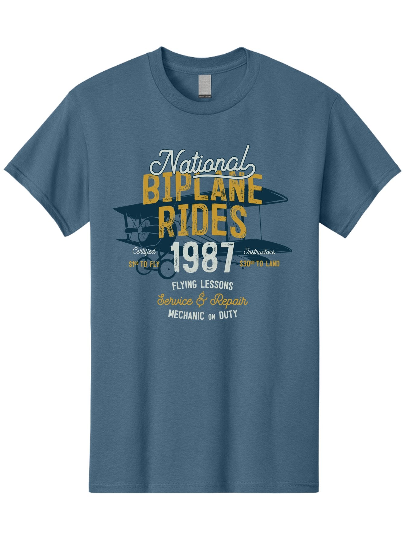 National-Biplane-Rides Men'S Graphic Tee, 100% Cotton, Comfortable Casual Summer Wear, Machine Washable, Vintage Airplane, Biplane Rides, Flying Lessons, Certified Instructors, Service And Repair, Mechanic On Duty, Aviation Experience, 1987, Aab946 9