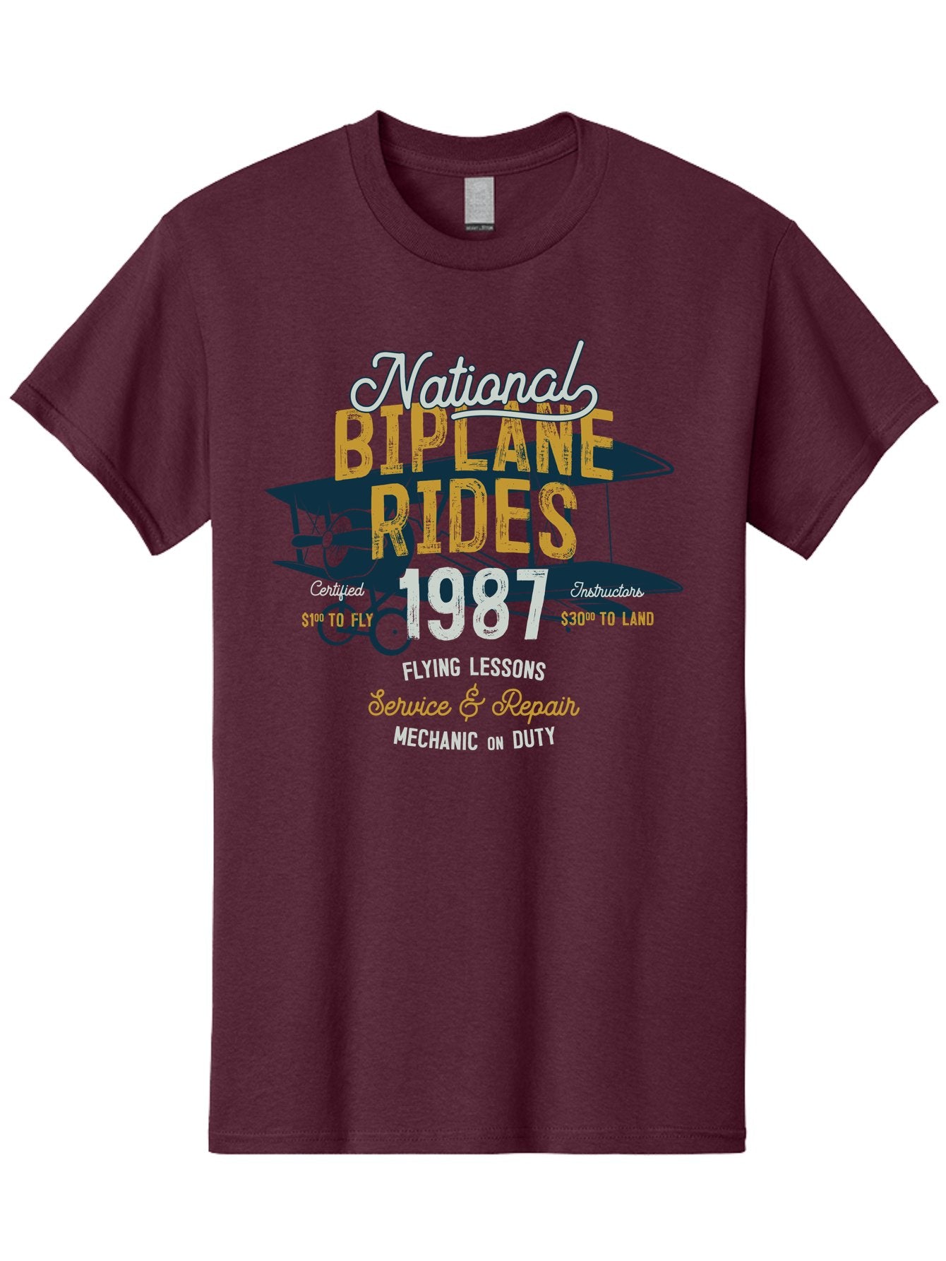 National-Biplane-Rides Men'S Graphic Tee, 100% Cotton, Comfortable Casual Summer Wear, Machine Washable, Vintage Airplane, Biplane Rides, Flying Lessons, Certified Instructors, Service And Repair, Mechanic On Duty, Aviation Experience, 1987, Aab946 10