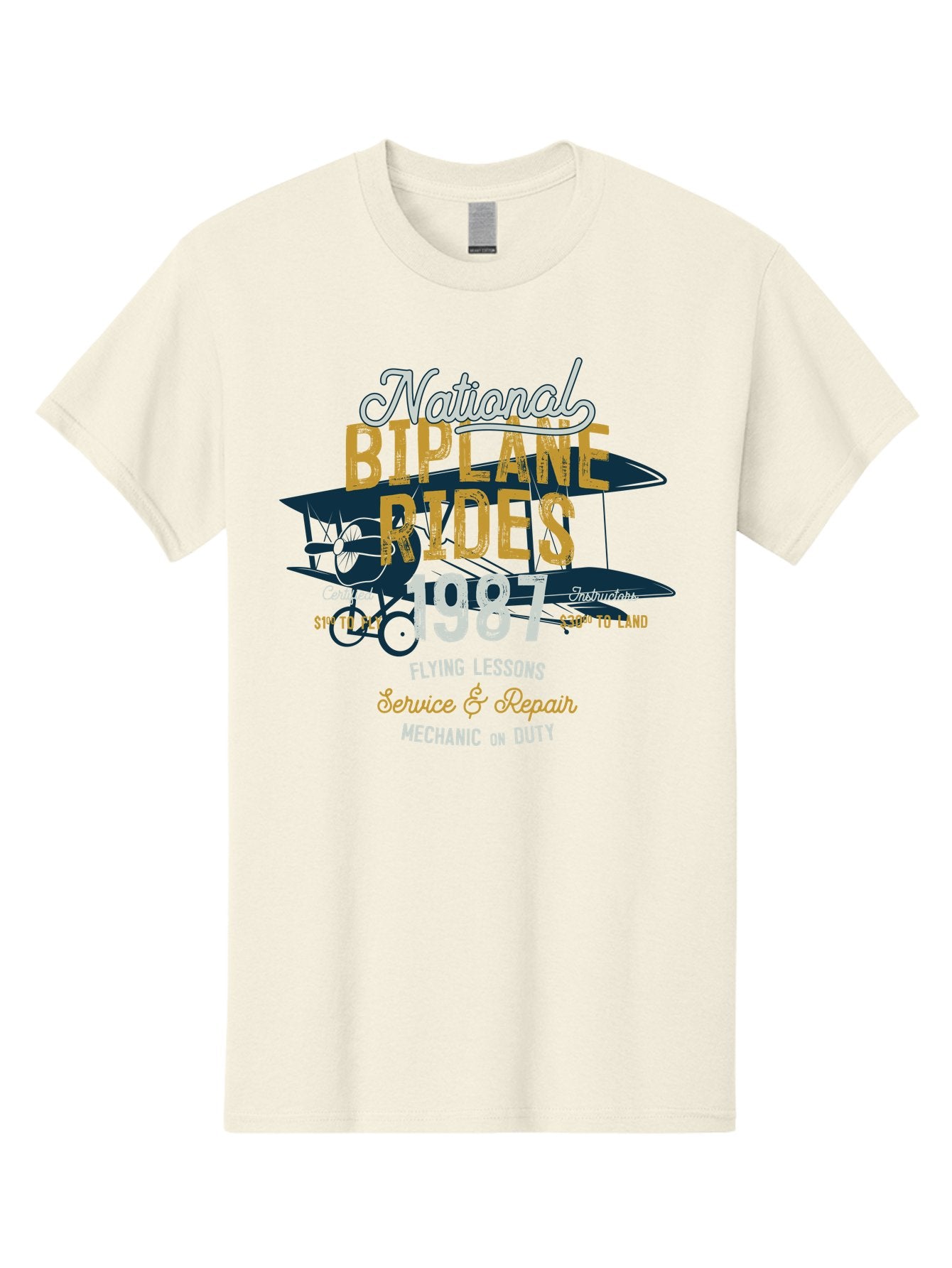 National-Biplane-Rides Men'S Graphic Tee, 100% Cotton, Comfortable Casual Summer Wear, Machine Washable, Vintage Airplane, Biplane Rides, Flying Lessons, Certified Instructors, Service And Repair, Mechanic On Duty, Aviation Experience, 1987, Aab946 5