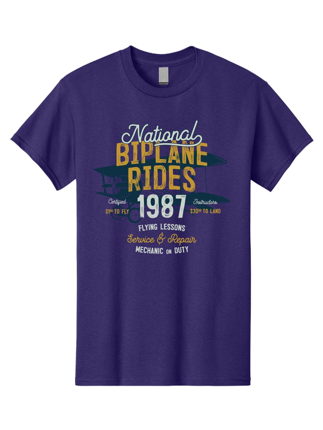 National-Biplane-Rides Men'S Graphic Tee, 100% Cotton, Comfortable Casual Summer Wear, Machine Washable, Vintage Airplane, Biplane Rides, Flying Lessons, Certified Instructors, Service And Repair, Mechanic On Duty, Aviation Experience, 1987, Aab946 7