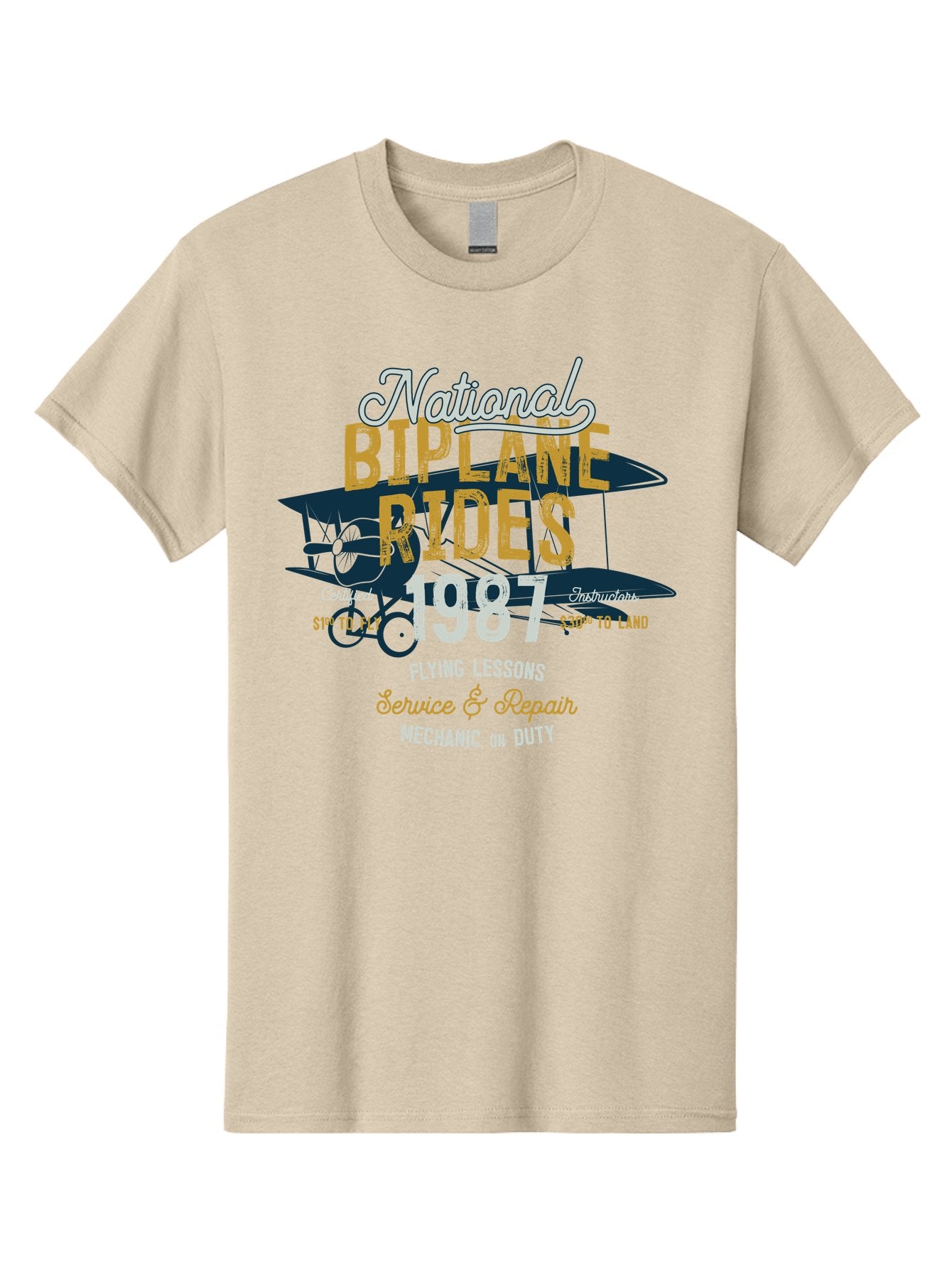 National-Biplane-Rides Men'S Graphic Tee, 100% Cotton, Comfortable Casual Summer Wear, Machine Washable, Vintage Airplane, Biplane Rides, Flying Lessons, Certified Instructors, Service And Repair, Mechanic On Duty, Aviation Experience, 1987, Aab946 13