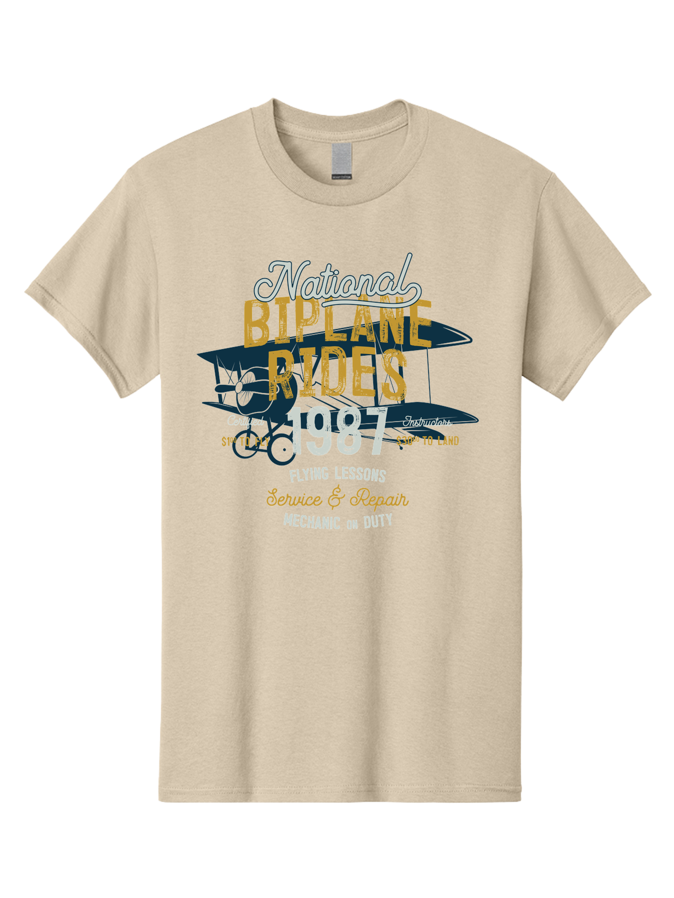 National-Biplane-Rides Men'S Graphic Tee, 100% Cotton, Comfortable Casual Summer Wear, Machine Washable, Vintage Airplane, Biplane Rides, Flying Lessons, Certified Instructors, Service And Repair, Mechanic On Duty, Aviation Experience, 1987, Aab946 29