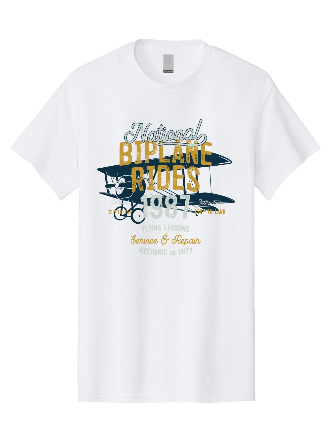 National-Biplane-Rides Men'S Graphic Tee, 100% Cotton, Comfortable Casual Summer Wear, Machine Washable, Vintage Airplane, Biplane Rides, Flying Lessons, Certified Instructors, Service And Repair, Mechanic On Duty, Aviation Experience, 1987, Aab946 12