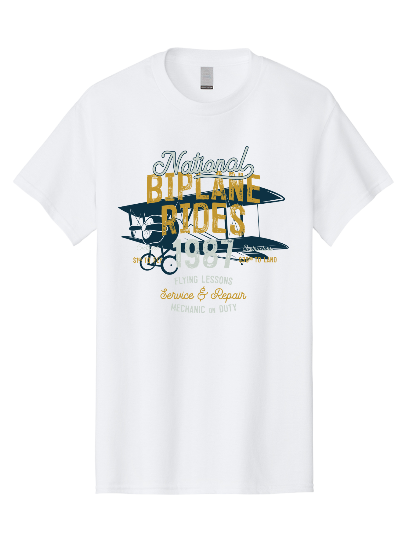 National-Biplane-Rides Men'S Graphic Tee, 100% Cotton, Comfortable Casual Summer Wear, Machine Washable, Vintage Airplane, Biplane Rides, Flying Lessons, Certified Instructors, Service And Repair, Mechanic On Duty, Aviation Experience, 1987, Aab946 5