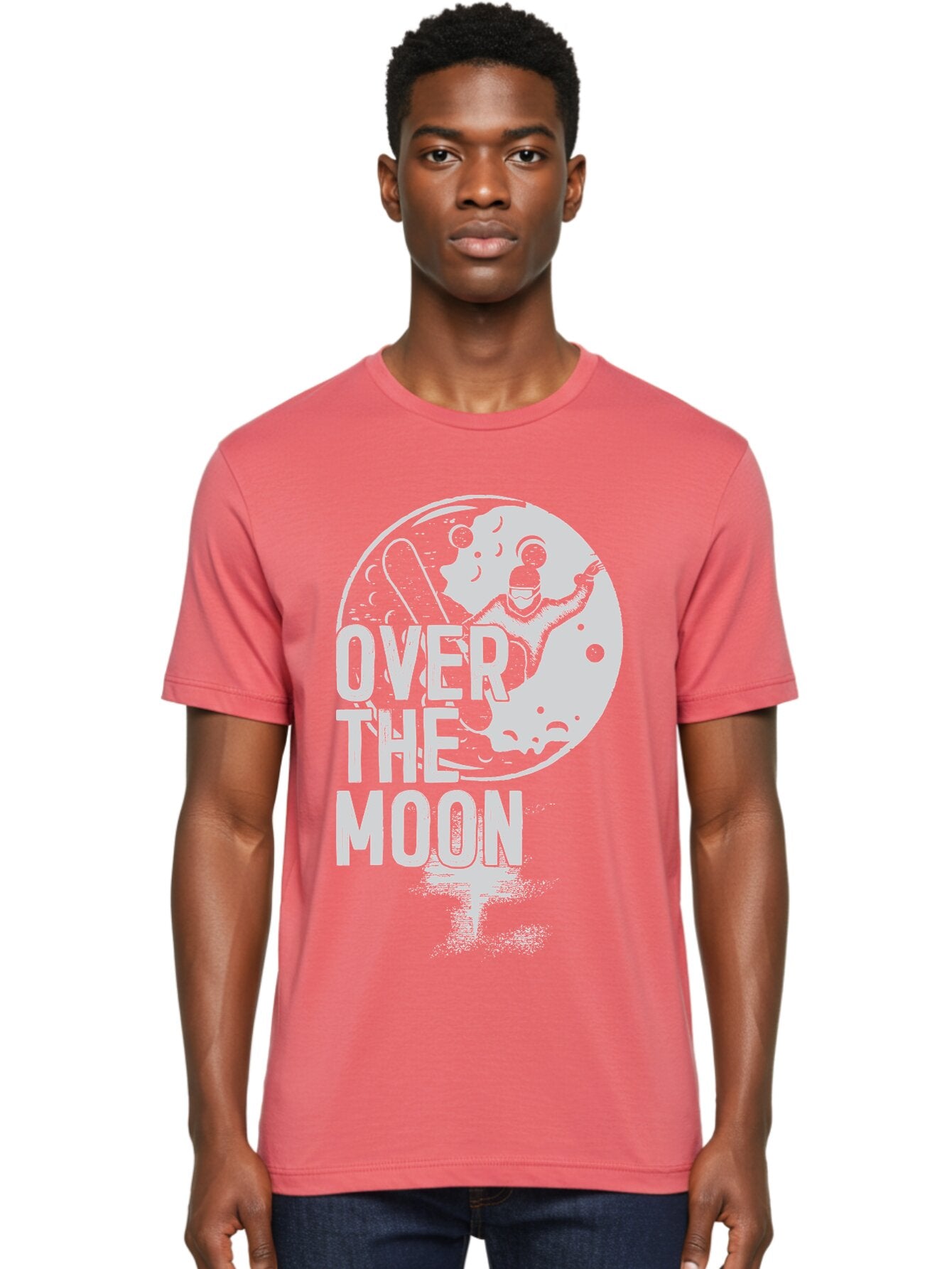 Over-The-Moon Men'S Graphic Tee, 100% Cotton, Comfortable Casual Summer Wear, Machine Washable, Moon Graphic, Astronaut Illustration, Space Exploration, Moon Landing, Celestial Body, Over The Moon Text, Retro-Futuristic Design, Aab951 21