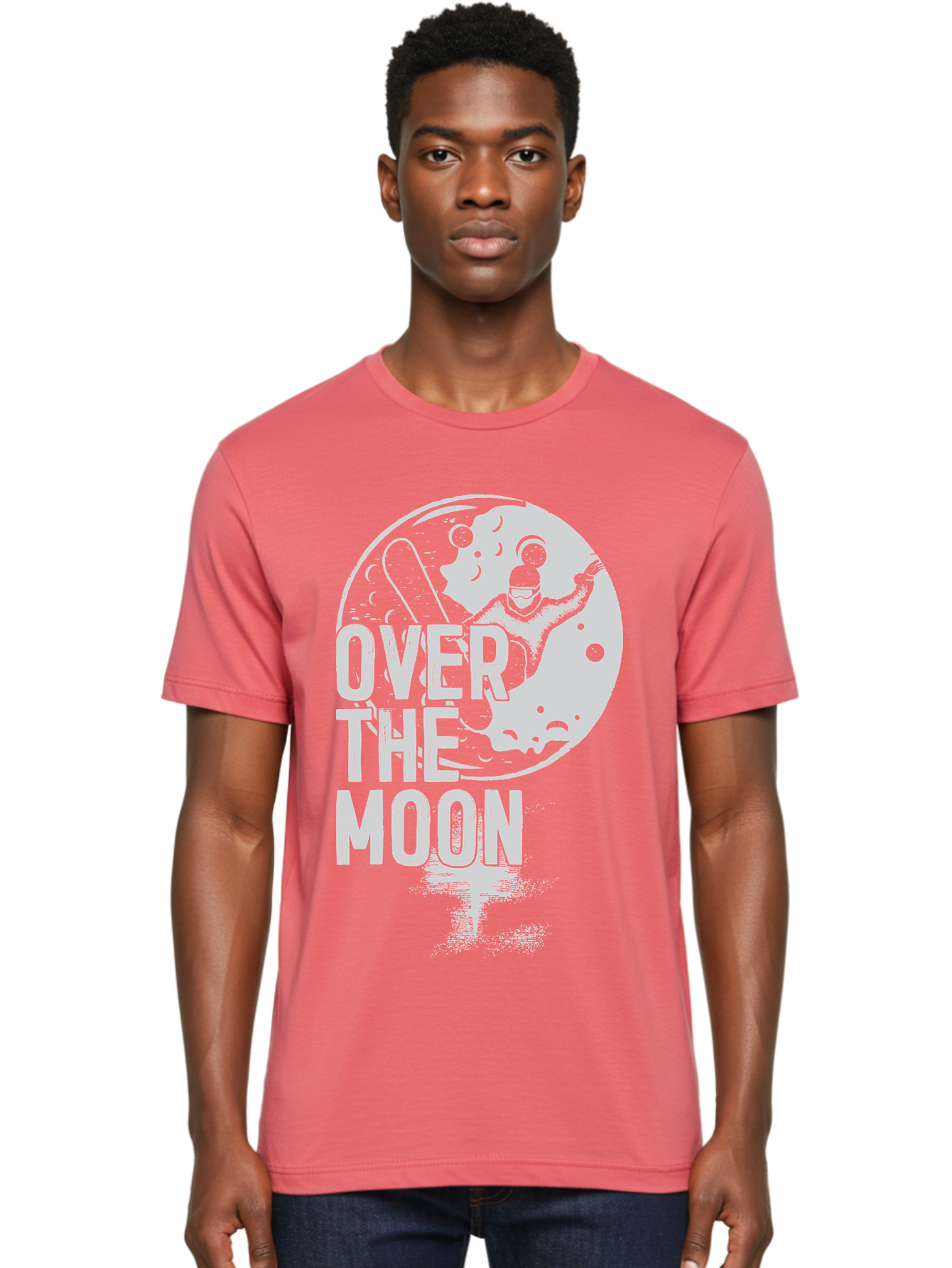 Over-The-Moon Men'S Graphic Tee, 100% Cotton, Comfortable Casual Summer Wear, Machine Washable, Moon Graphic, Astronaut Illustration, Space Exploration, Moon Landing, Celestial Body, Over The Moon Text, Retro-Futuristic Design, Aab951 20