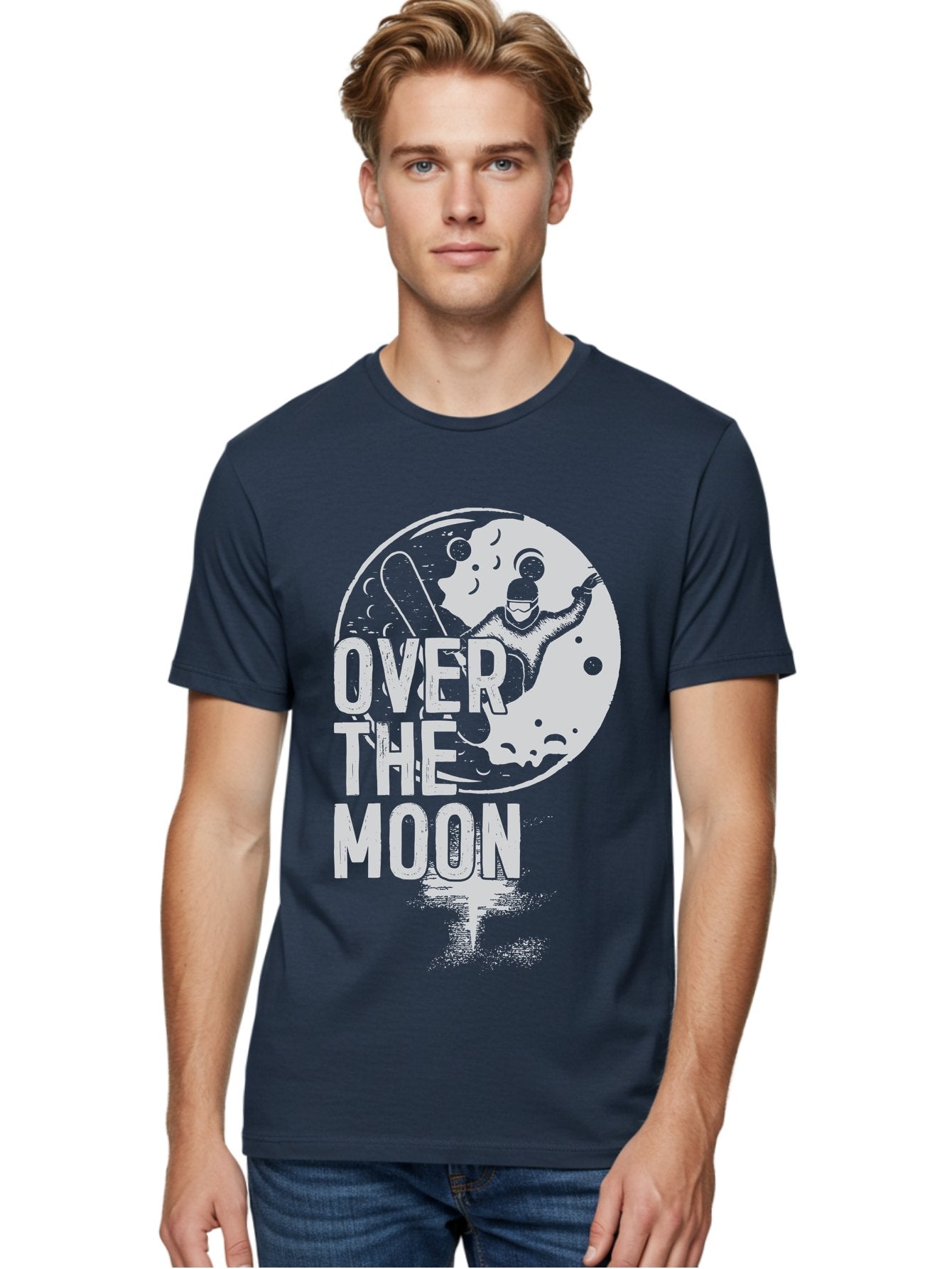 Over-The-Moon Men'S Graphic Tee, 100% Cotton, Comfortable Casual Summer Wear, Machine Washable, Moon Graphic, Astronaut Illustration, Space Exploration, Moon Landing, Celestial Body, Over The Moon Text, Retro-Futuristic Design, Aab951 24