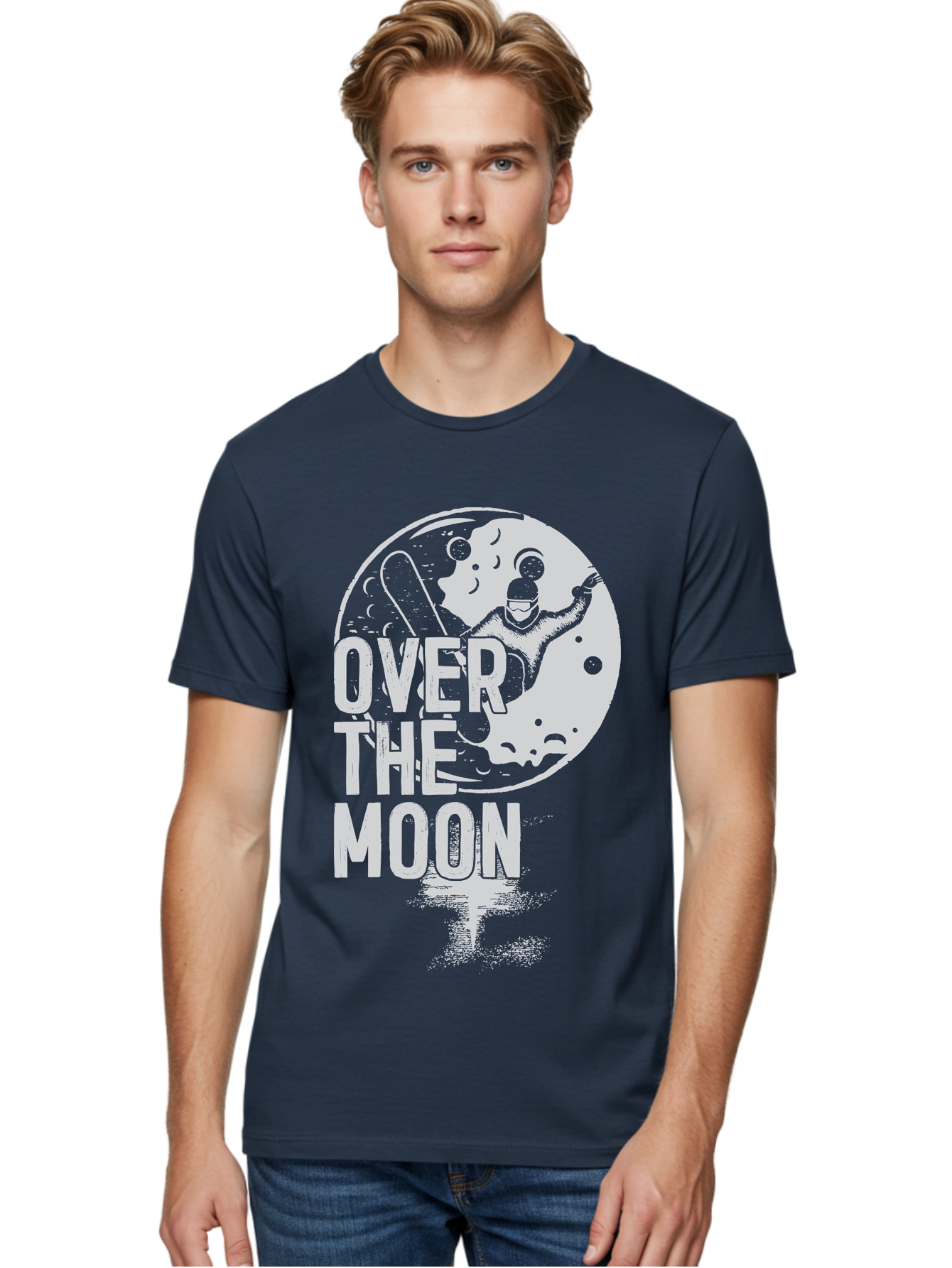 Over-The-Moon Men'S Graphic Tee, 100% Cotton, Comfortable Casual Summer Wear, Machine Washable, Moon Graphic, Astronaut Illustration, Space Exploration, Moon Landing, Celestial Body, Over The Moon Text, Retro-Futuristic Design, Aab951 14