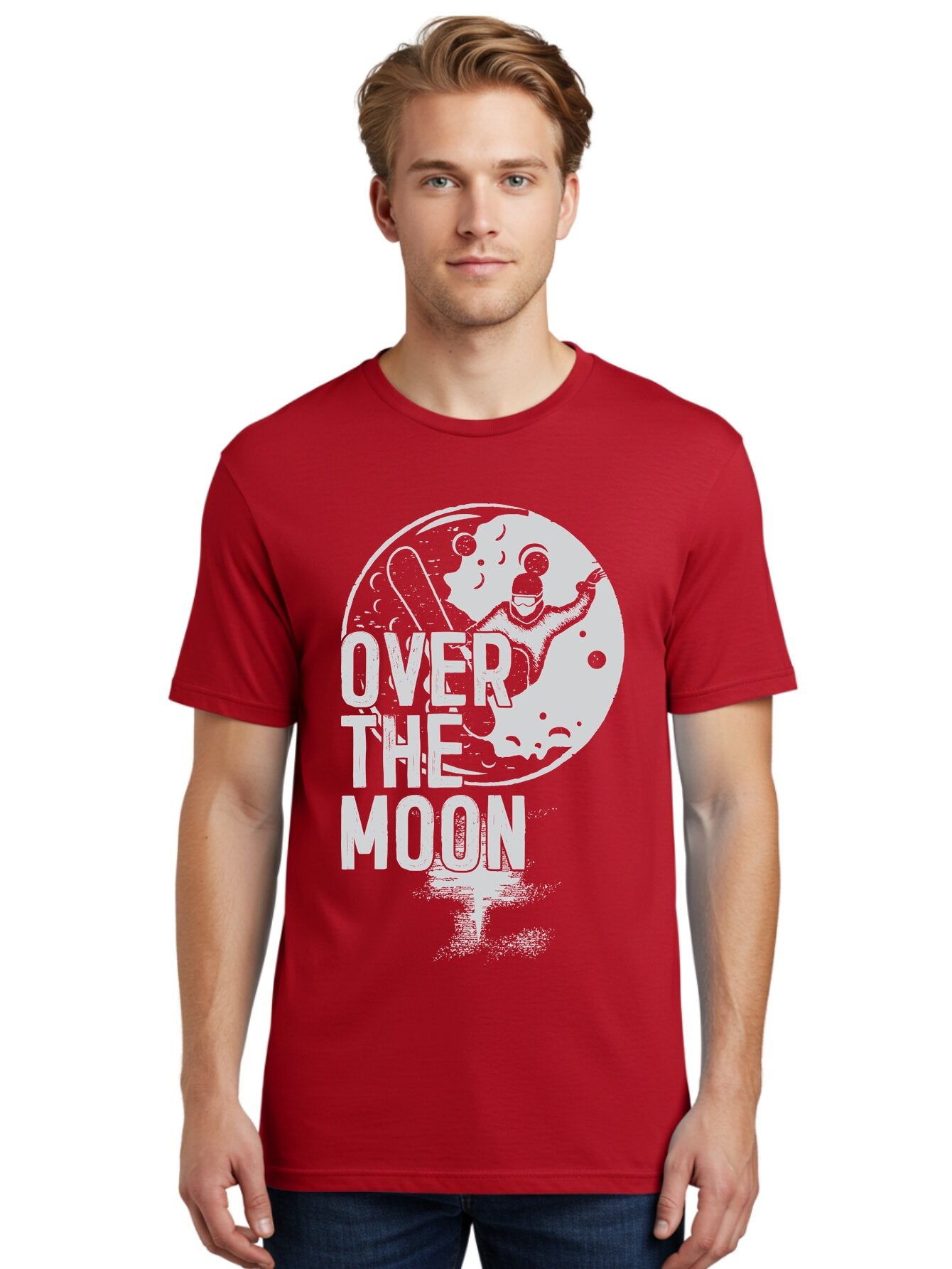 Over-The-Moon Men'S Graphic Tee, 100% Cotton, Comfortable Casual Summer Wear, Machine Washable, Moon Graphic, Astronaut Illustration, Space Exploration, Moon Landing, Celestial Body, Over The Moon Text, Retro-Futuristic Design, Aab951 22
