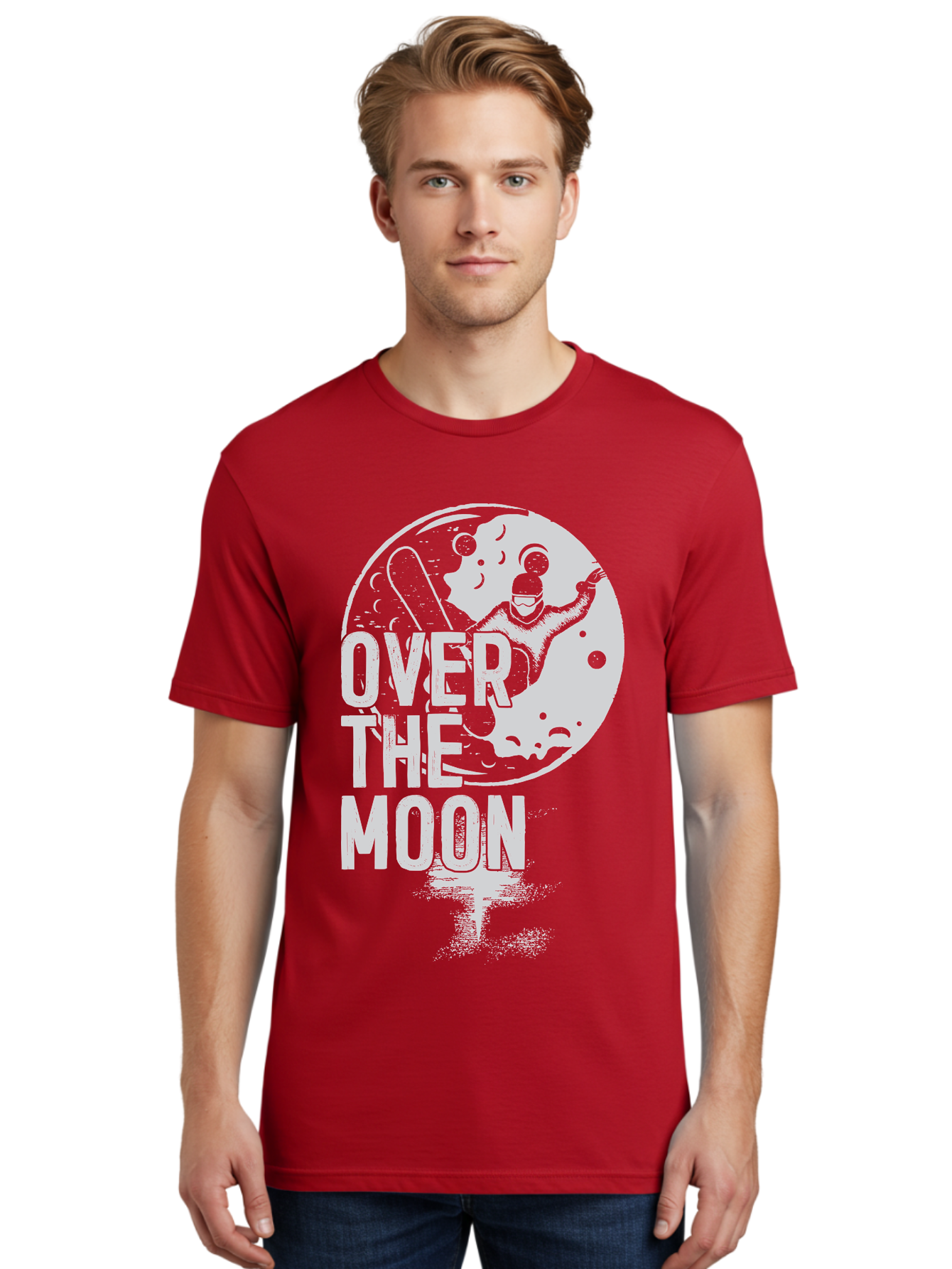Over-The-Moon Men'S Graphic Tee, 100% Cotton, Comfortable Casual Summer Wear, Machine Washable, Moon Graphic, Astronaut Illustration, Space Exploration, Moon Landing, Celestial Body, Over The Moon Text, Retro-Futuristic Design, Aab951 18
