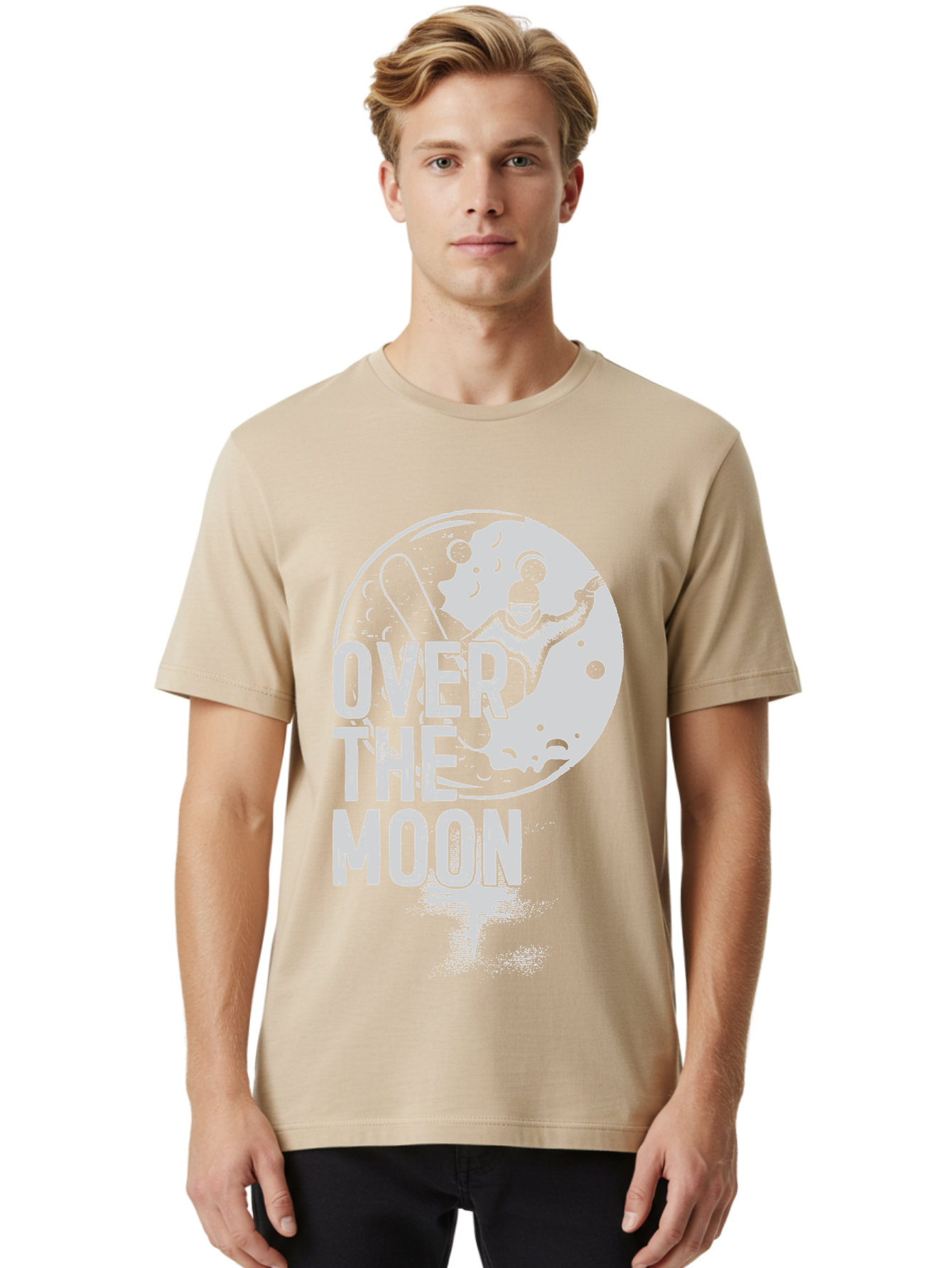 Over-The-Moon Men'S Graphic Tee, 100% Cotton, Comfortable Casual Summer Wear, Machine Washable, Moon Graphic, Astronaut Illustration, Space Exploration, Moon Landing, Celestial Body, Over The Moon Text, Retro-Futuristic Design, Aab951 26