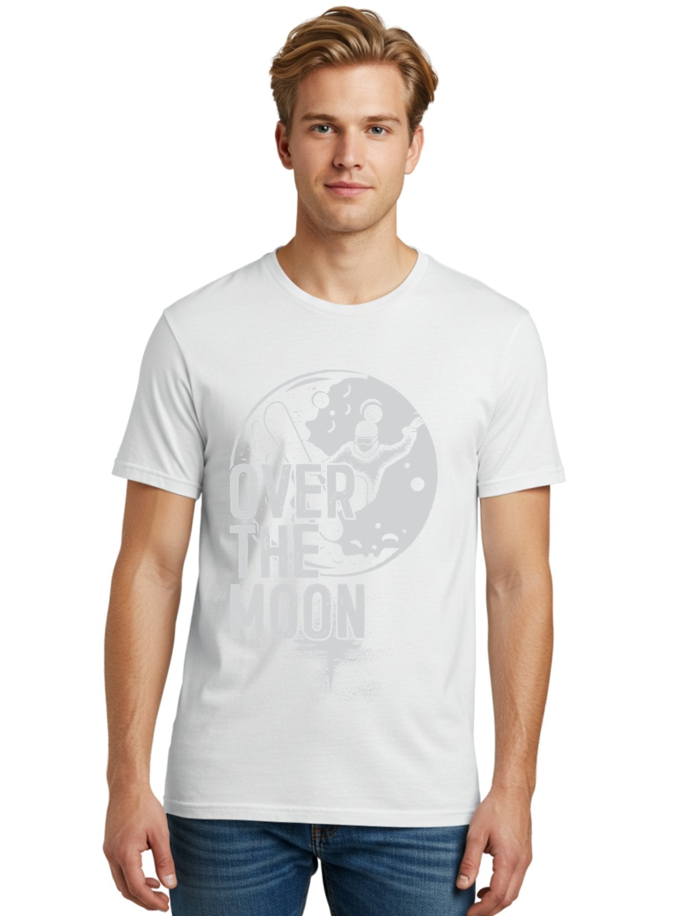 Over-The-Moon Men'S Graphic Tee, 100% Cotton, Comfortable Casual Summer Wear, Machine Washable, Moon Graphic, Astronaut Illustration, Space Exploration, Moon Landing, Celestial Body, Over The Moon Text, Retro-Futuristic Design, Aab951 25