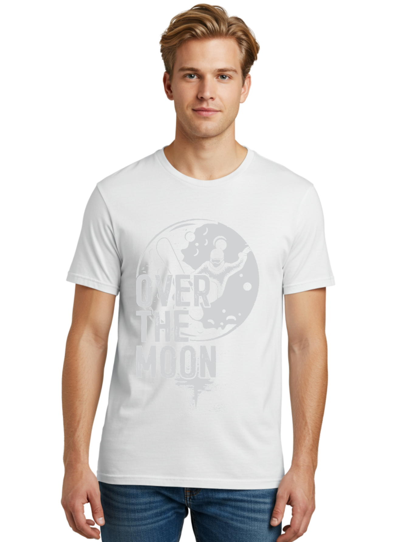 Over-The-Moon Men'S Graphic Tee, 100% Cotton, Comfortable Casual Summer Wear, Machine Washable, Moon Graphic, Astronaut Illustration, Space Exploration, Moon Landing, Celestial Body, Over The Moon Text, Retro-Futuristic Design, Aab951 12
